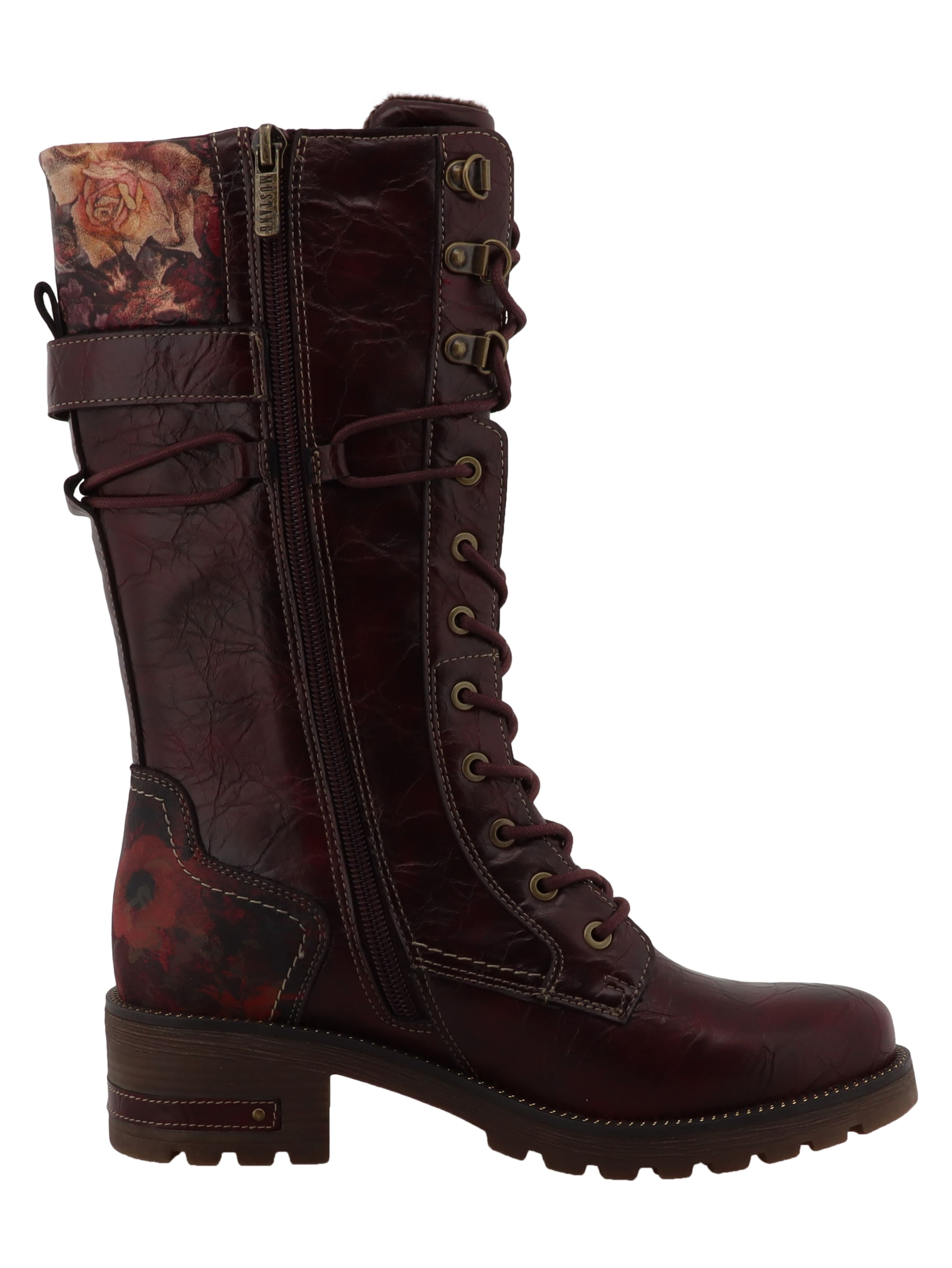 Mustang Shoes Winterstiefel »Stiefel«  Blockabsatz, Schnürstiefel mit Blüten und Zierschnalle