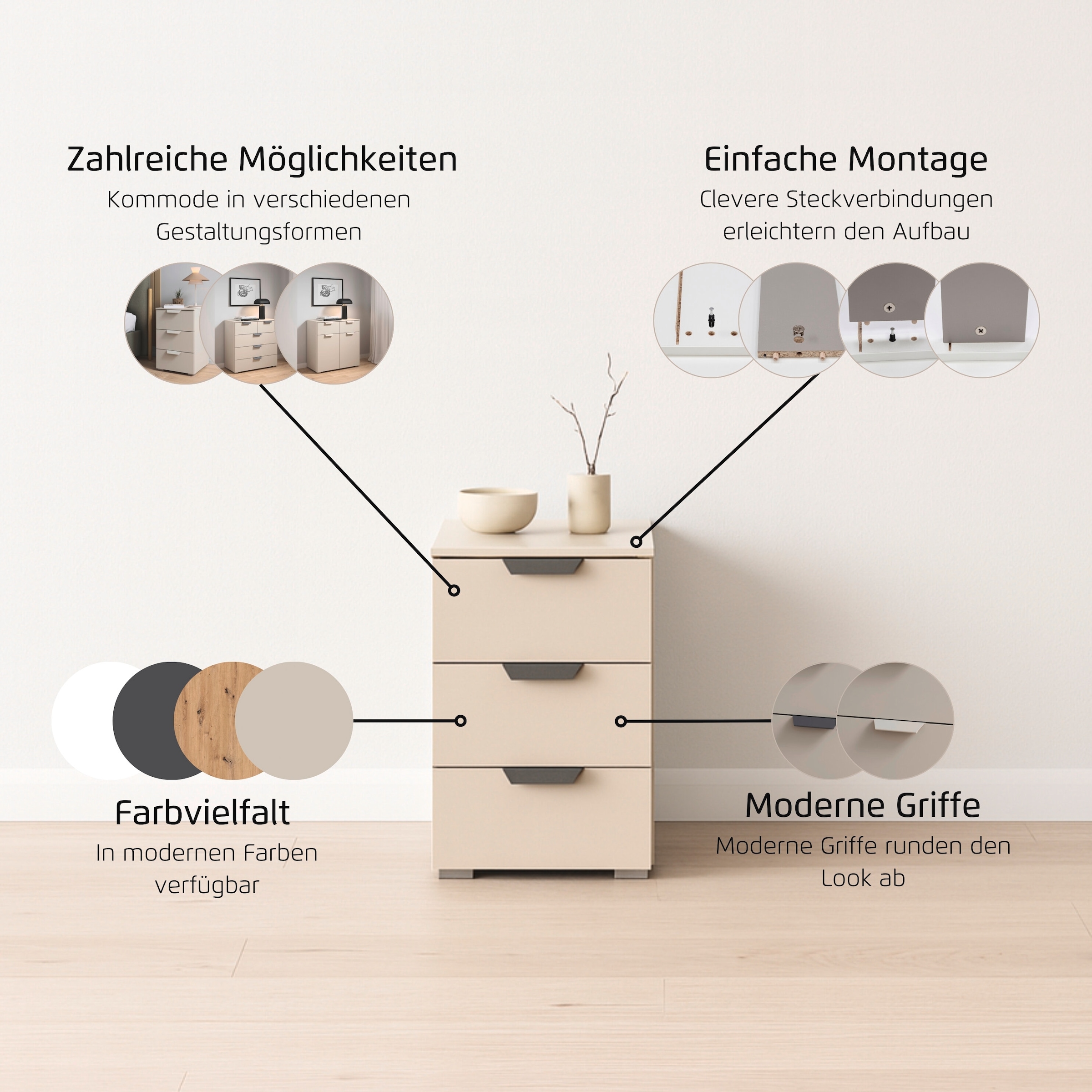 rauch Nachtkommode »Nachttisch Nachtkonsole COSTA mit farblich passenden Metallgriffen« in 2 Griff-Farben, Breite 40 cm,  drei geräumige Schubladen MADE IN GERMANY