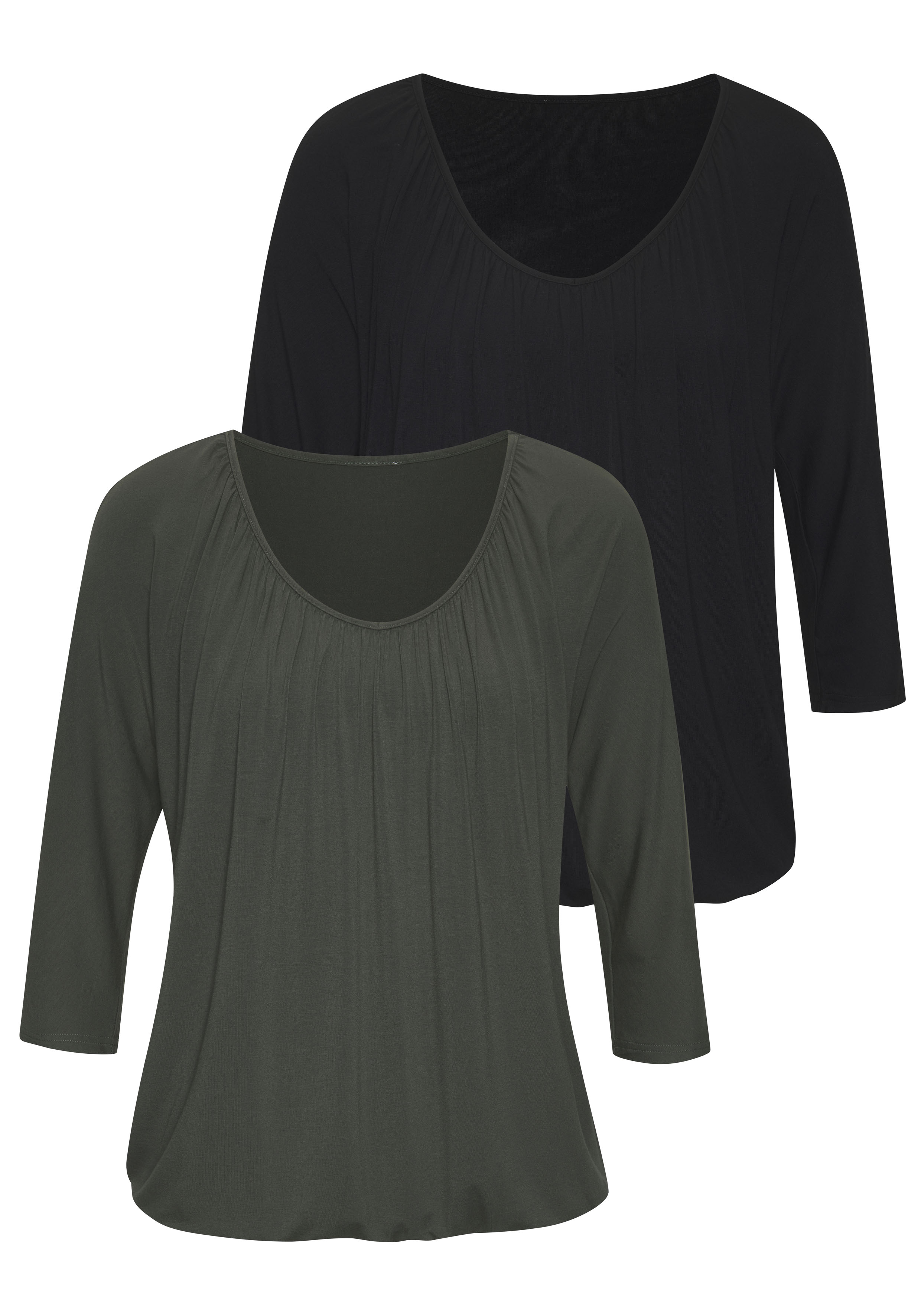 LASCANA 3/4-Arm-Shirt "mit zarter Raffung am Ausschnitt" 2er-Pack, aus luftigem Viskose-Stretch