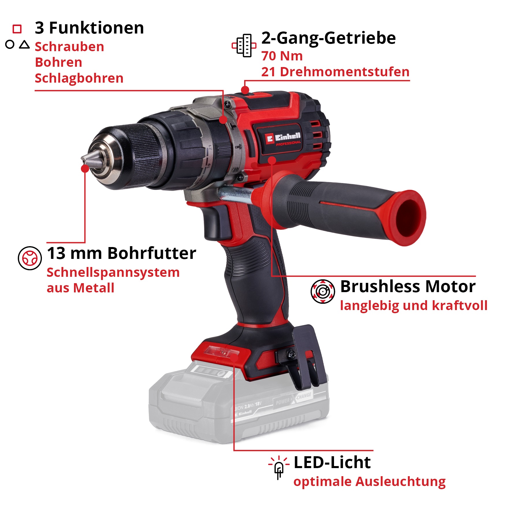 Einhell Akku-Schlagbohrschrauber »TP-CD 18/70 Li-i BL - Solo«, Ohne Akku und Ladegerät