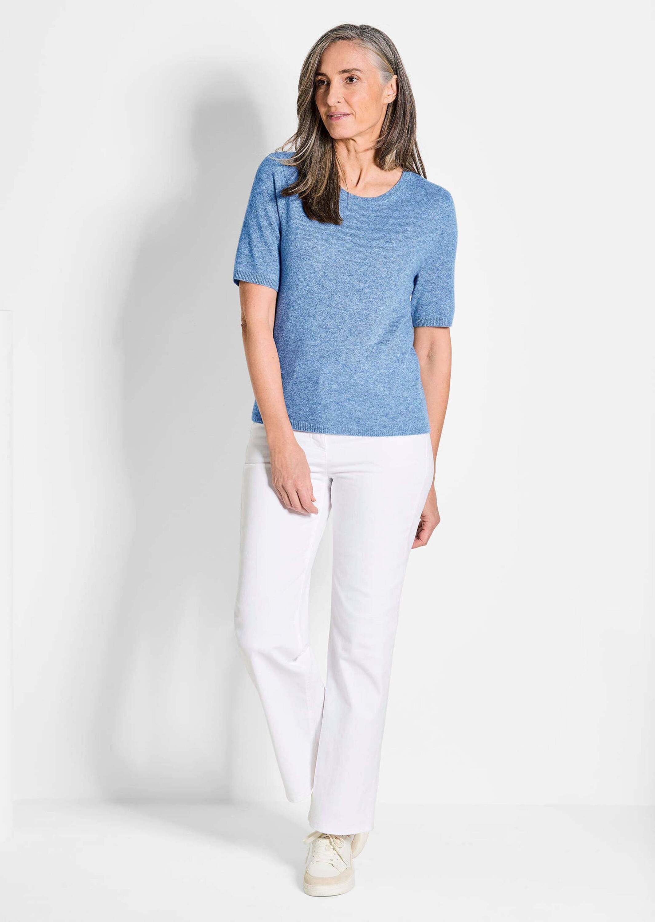 Kurzarmpullover GOLDNER "Halbarmpullover mit Rundhals aus Kaschmir", Damen, Gr. 52, blau (himmelblau), Obermaterial: 100% Kaschmir WS., Rippe, Pullover, Aufwendig in Form gestrickt 3
