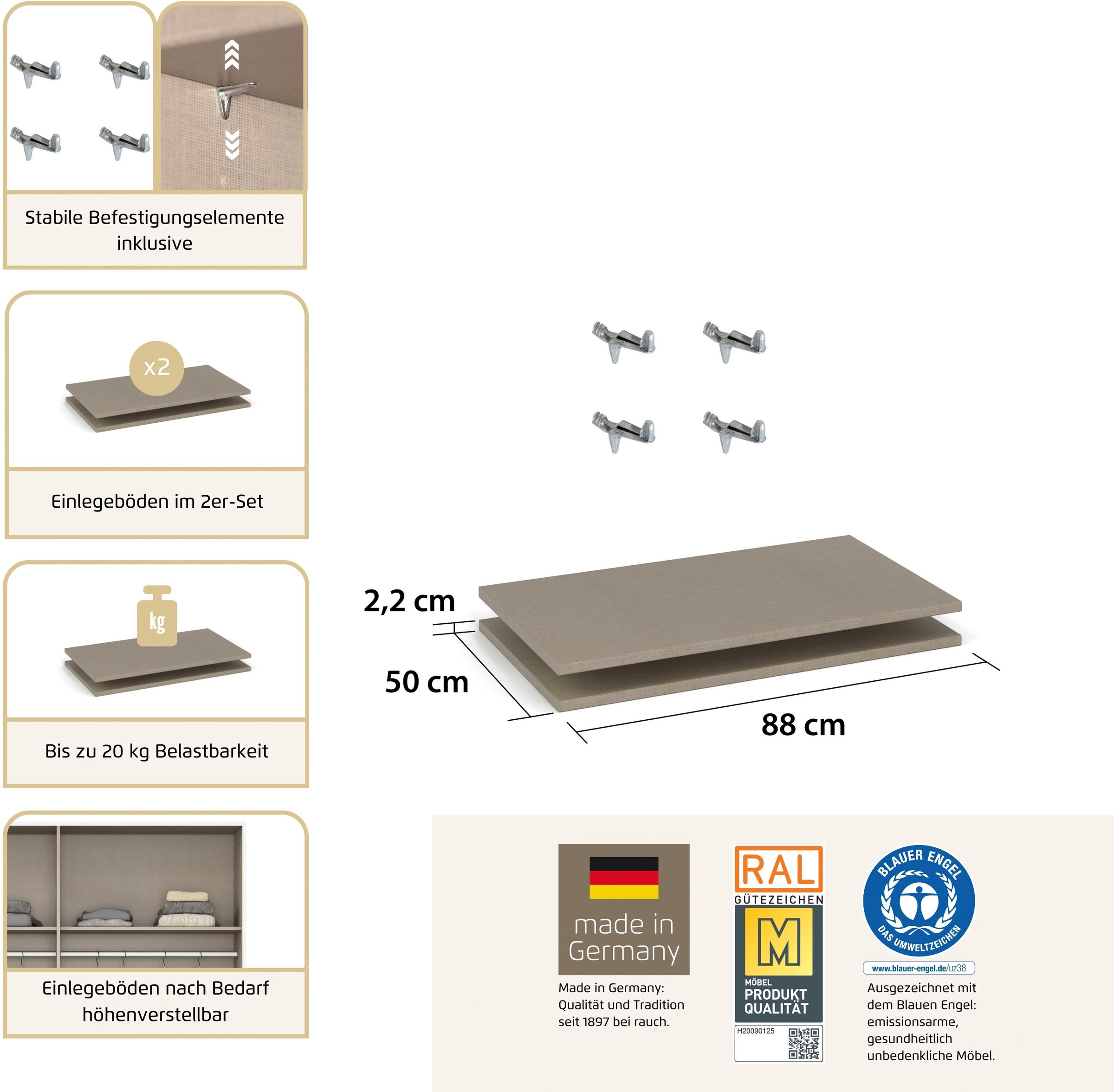 rauch Einlegeboden »Zubehör für Rauch-Schwebetürenschränke ORANGE« 2er-Set Breite 88 cm, Tiefe 50 cm