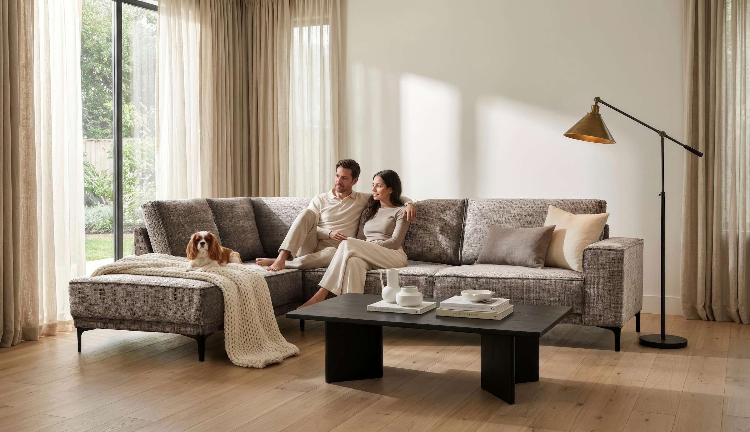 OTTO home Ecksofa "OLAND Chenille L-Form, B: 289 cm, Skandi-Design" Struktur, Flachgewebe, Luxus-Microfaser, Boucle