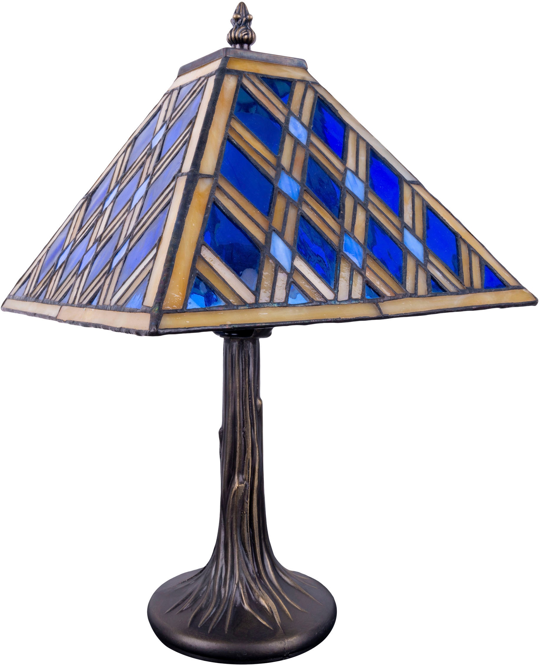 näve Tischleuchte »Pyra«, 1 flammig-flammig, E14 pyramidenförmig | blau mit Rautenmuster Tiffany-Stil Glas BAUR