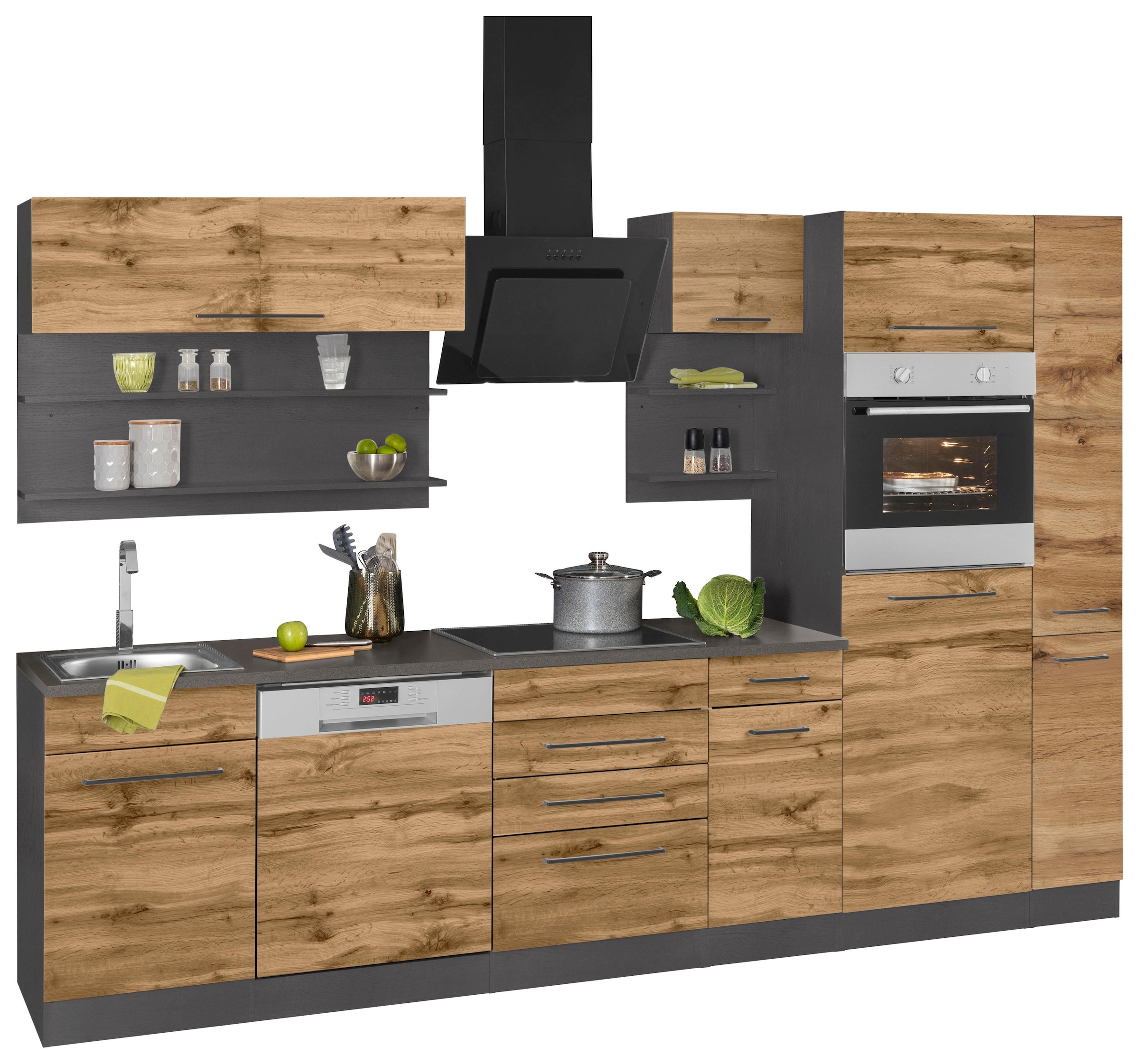 KOCHSTATION Küchenzeile »KS-Tulsa«, ohne E-Geräte, Breite 300 cm, schwarze Metallgriffe, MDF Fronten