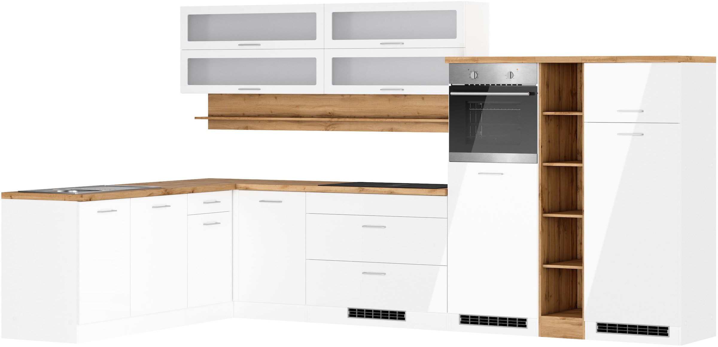 KOCHSTATION Winkelküche "KS-Milan, optional mit Muldenlüfter" Stellbr.360/220 cm, wahlweise mit E-Geräten, Kochfeld mit Dunstabzug