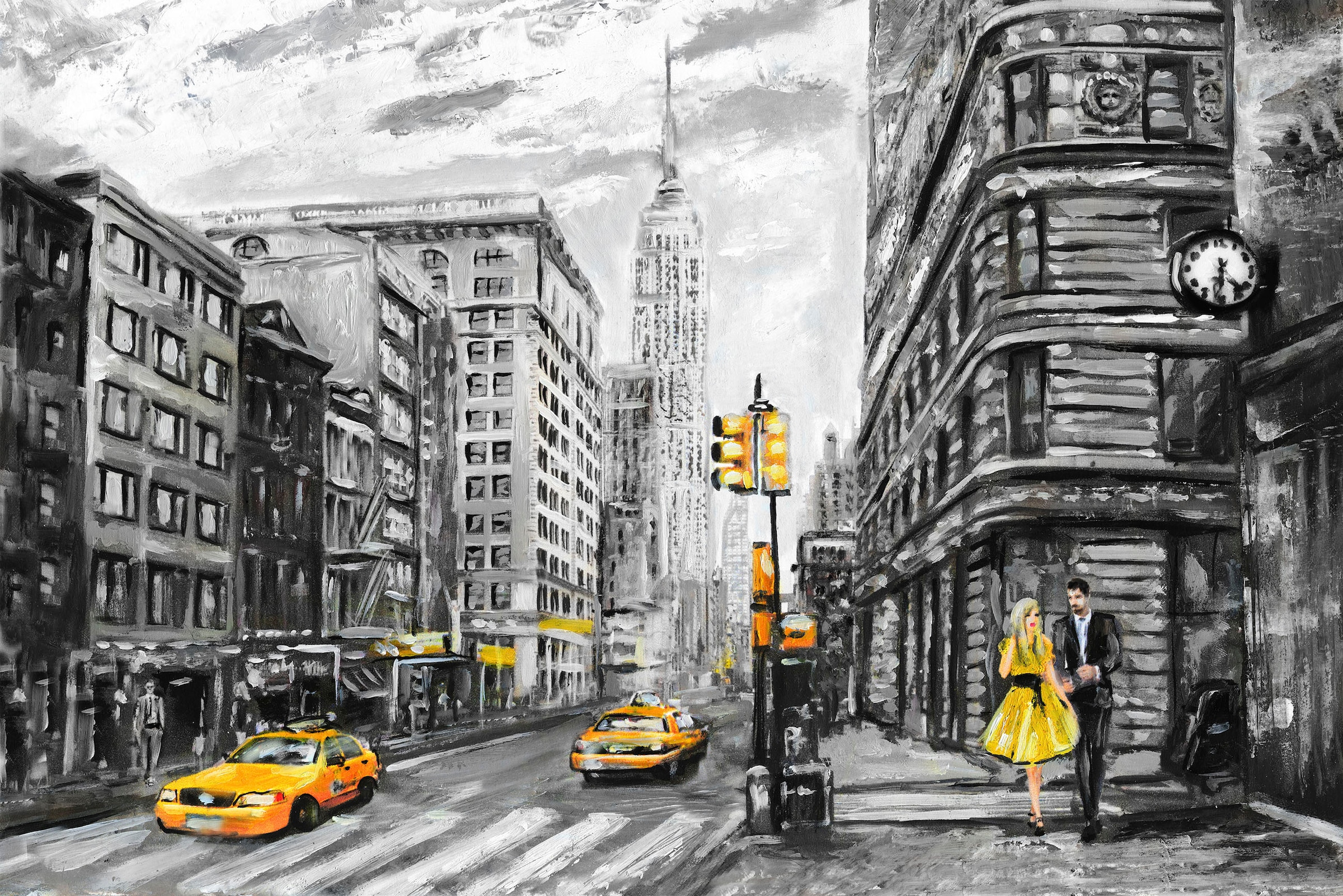 queence Leinwandbild "New York" Amerika New York Schwarz-Weiß Städte Taxis Wanddeko, schwarz, weiß, gezeichnet, Amerika, Premium Leinwandstoff