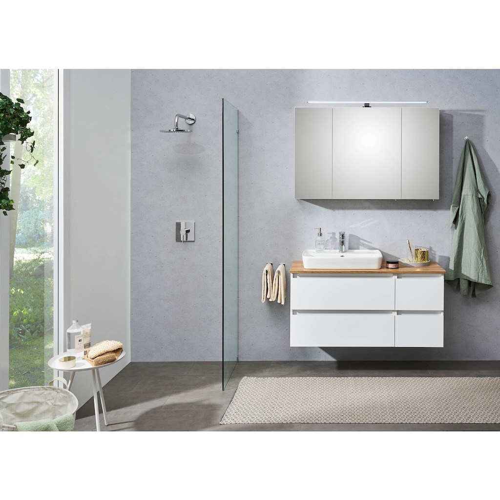 Saphir Waschtisch »Quickset 360 Waschplatz mit Keramik-Aufsatzbecken, wandhängend«, Waschtischplatte, 113 cm breit, Weiß Glanz, 4 Schubladen
