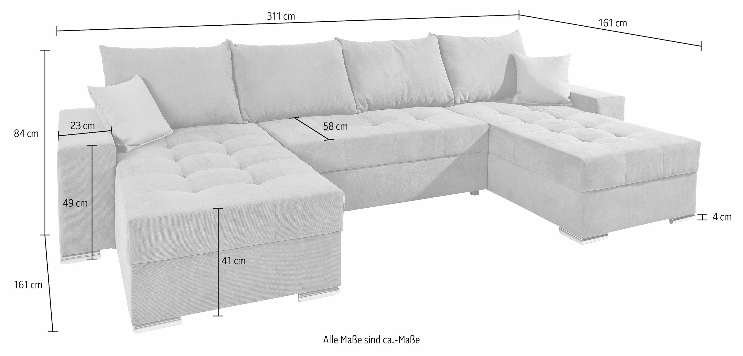 COLLECTION AB Wohnlandschaft »XL-Josy U-Form, Breite 313 cm, Flachgewebe, Struktur, Kunstleder«, inkl. Bettfunktion, Bettkasten, mit 4 gleich großen Rückenkissen