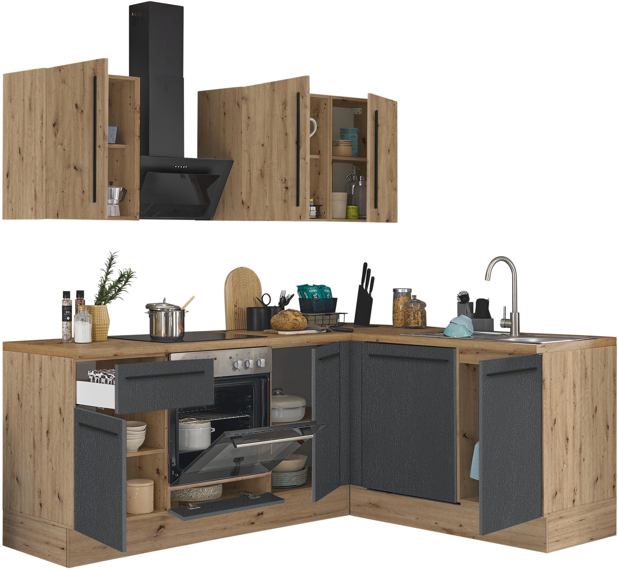 KOCHSTATION Winkelküche »Florida, Stellbreite 220x175 cm« wahlweise mit E-Geräten, mit Softclose für Türen und Schubkästen