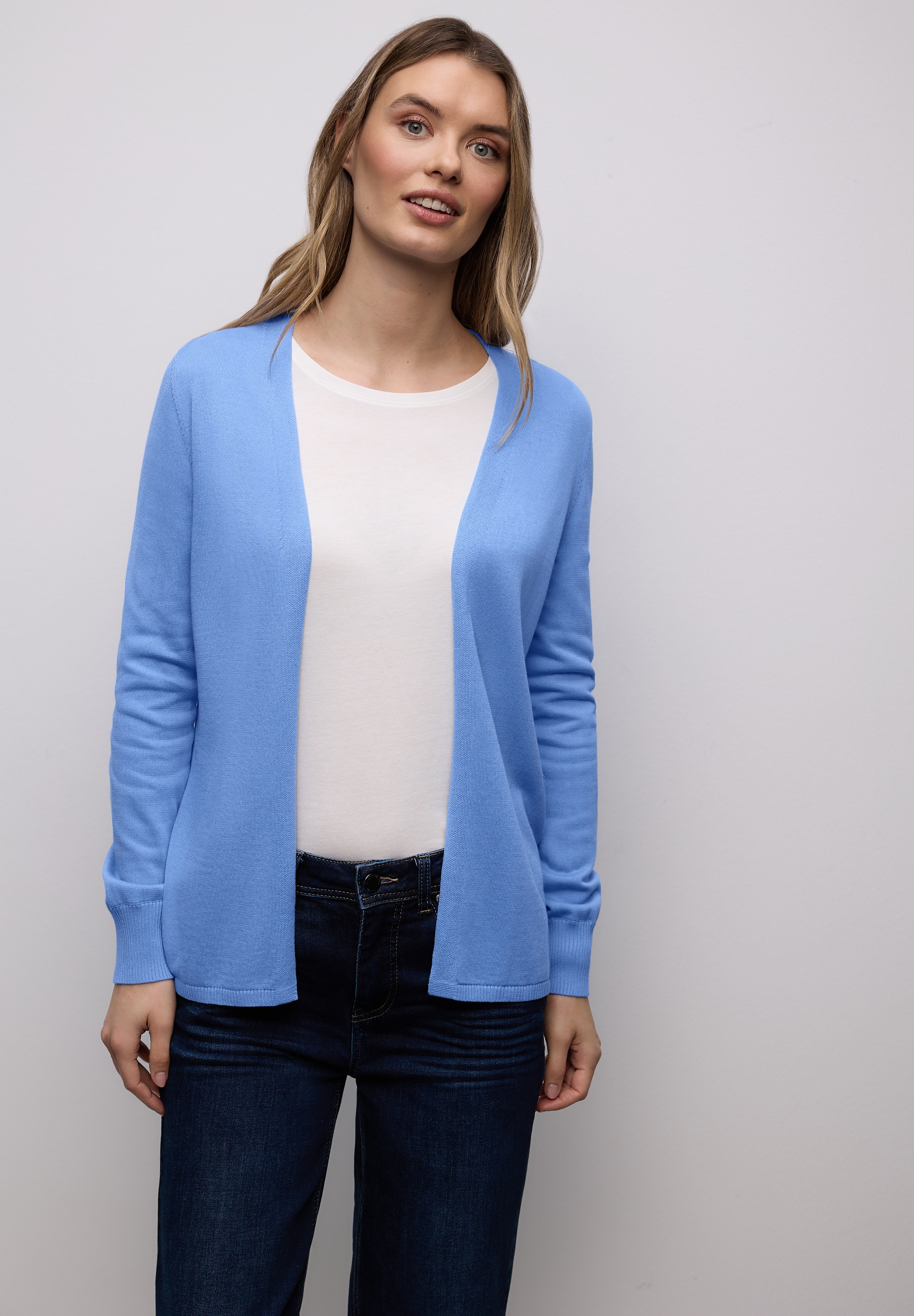 Cardigan STREET ONE, Damen, Gr. 42, bonnet blau, Stoff, 60% Viskose, 40% Baumwolle, unifarben, comfort fit normal, V-Ausschnitt, Bündchen, Strickjacken, mit Strick-Detail