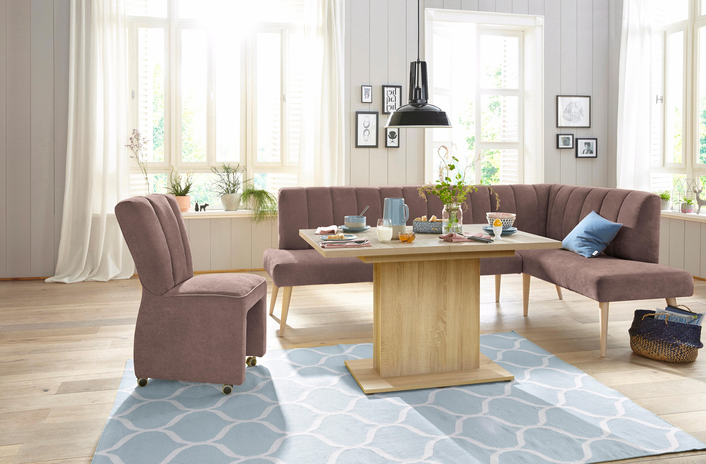 exxpo - sofa fashion Eckbank »Costa, moderne Rückensteppung, bequem und elegant, hoher Holzfuß«, hochwertig verarbeitet, Frei im Raum stellbar