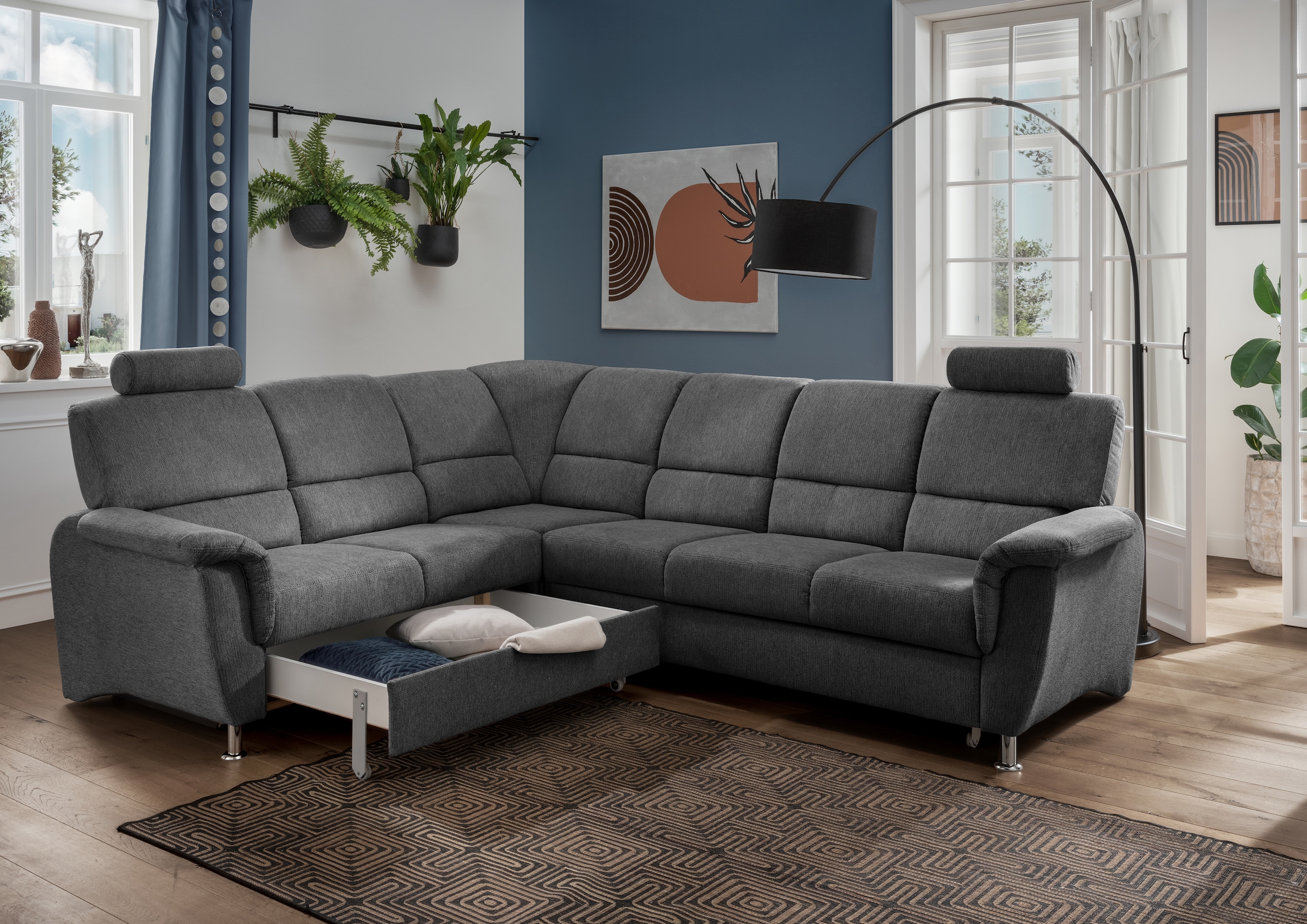 Home affaire Ecksofa »Pisa L-Form, mit Schlaffunktion, Stauraum, 2x höhenverstellbare«, Kopfstützen und Relaxfunktion im Eckelement