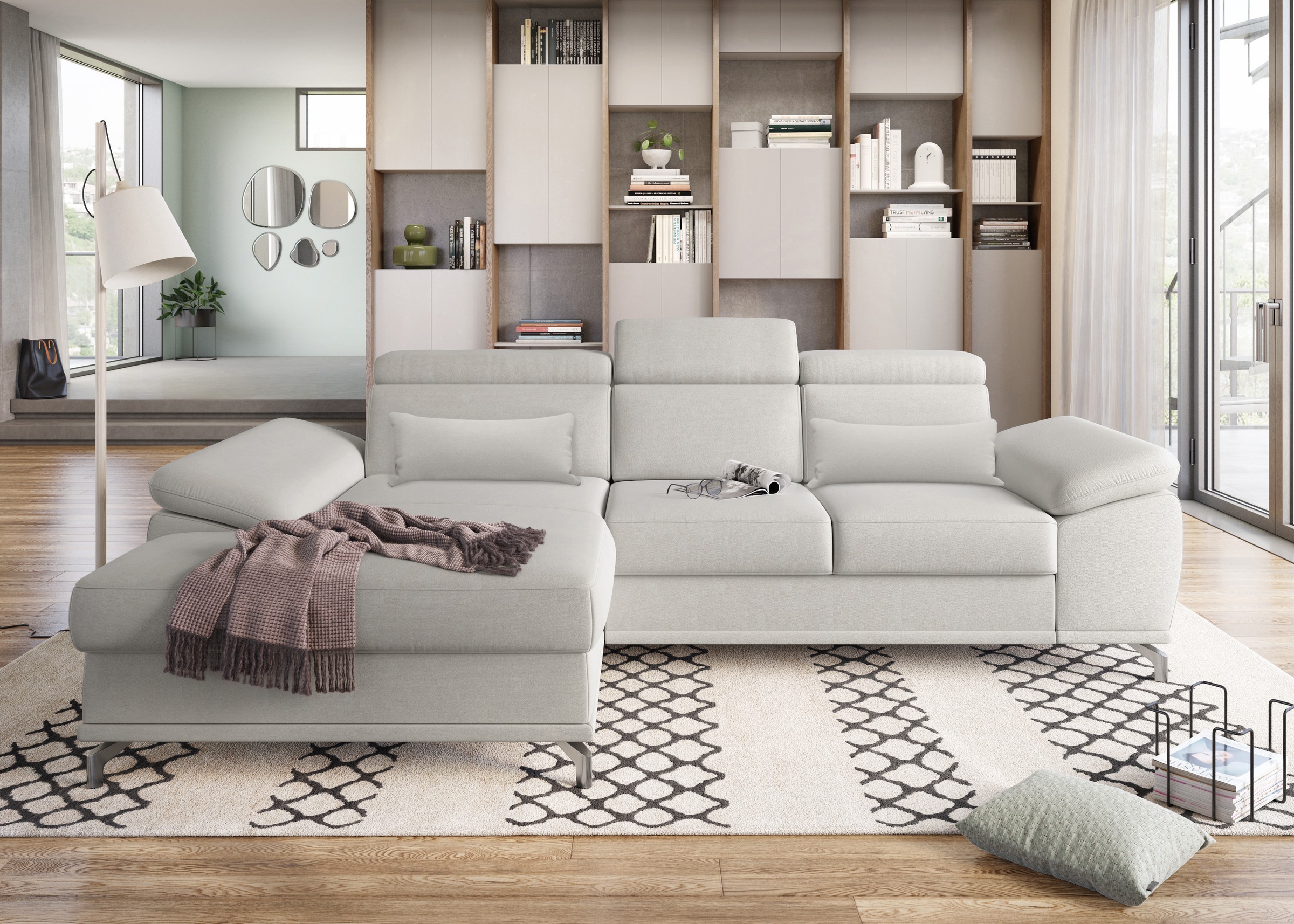 sit&more Ecksofa »Cabrio L-Form, mit Sitztiefenverstellung, Arm- und Kopfteilverstellung«, 2 Nierenkissen, Federkern, optional Bettfunktion und Stauraum