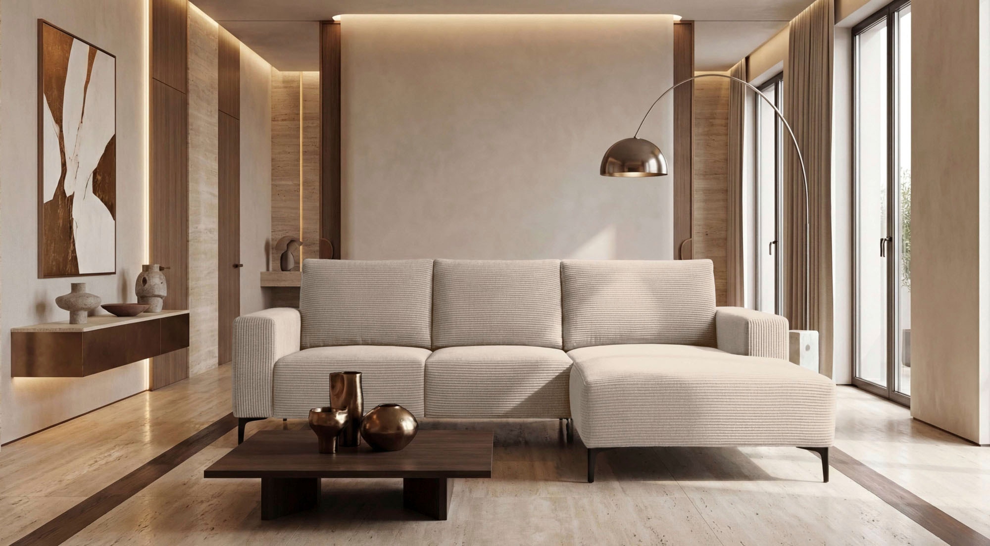OTTO home Ecksofa "Tournon L-Form, Breite 232 cm, Breitcord" Designsofa im nordischen Stil, Wellenunterfederung, Metallfüße