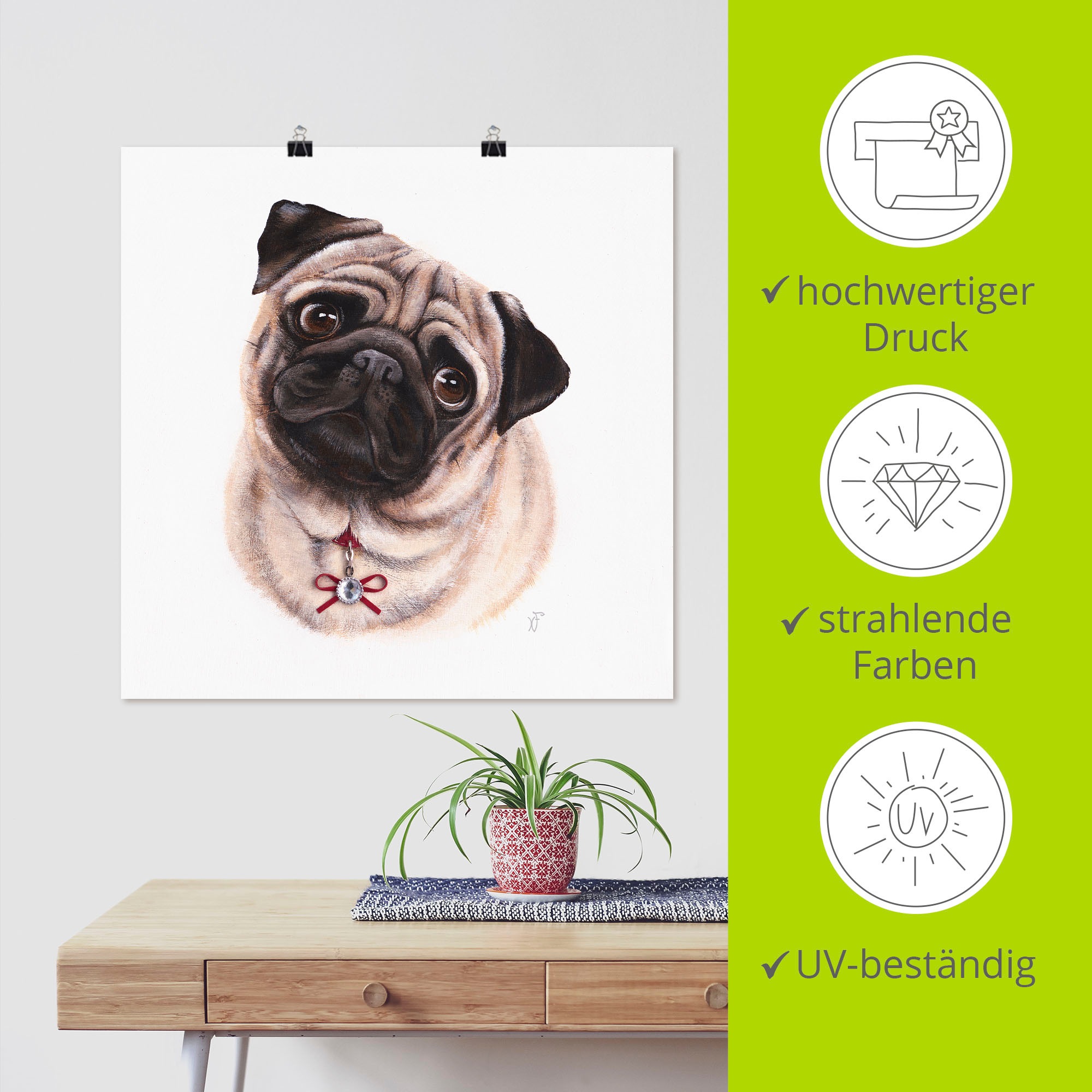 Artland Wandbild »Mops mit Diamanten«, Hundebilder, (1 St.), als Alubild, Outdoorbild, Poster in verschied. Größen