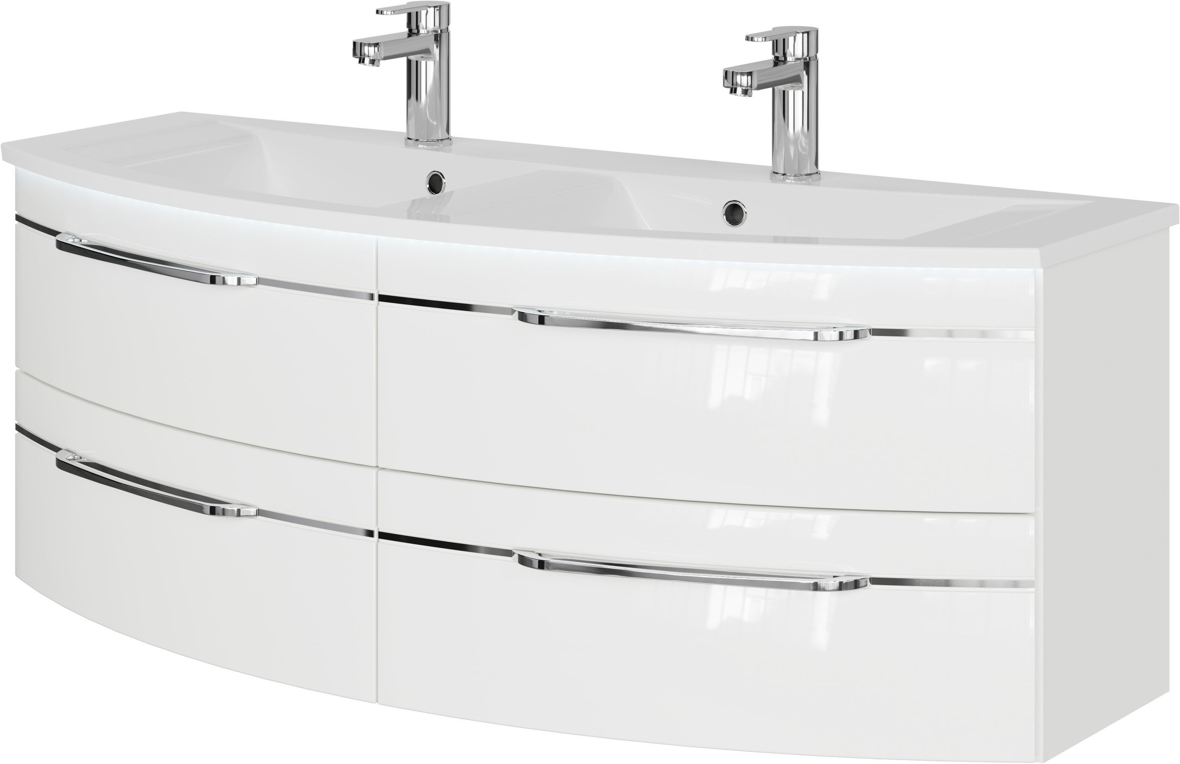 Saphir Badmöbel-Set »Badezimmer-Set 133,2 cm breit, inkl. Türdämpfer, 3 Türen, 4 Schubladen«, (Set, 2 St.), Serie 7045 2-teilig Mineralmarmor-Doppelwaschtisch, LED-Spiegelschrank