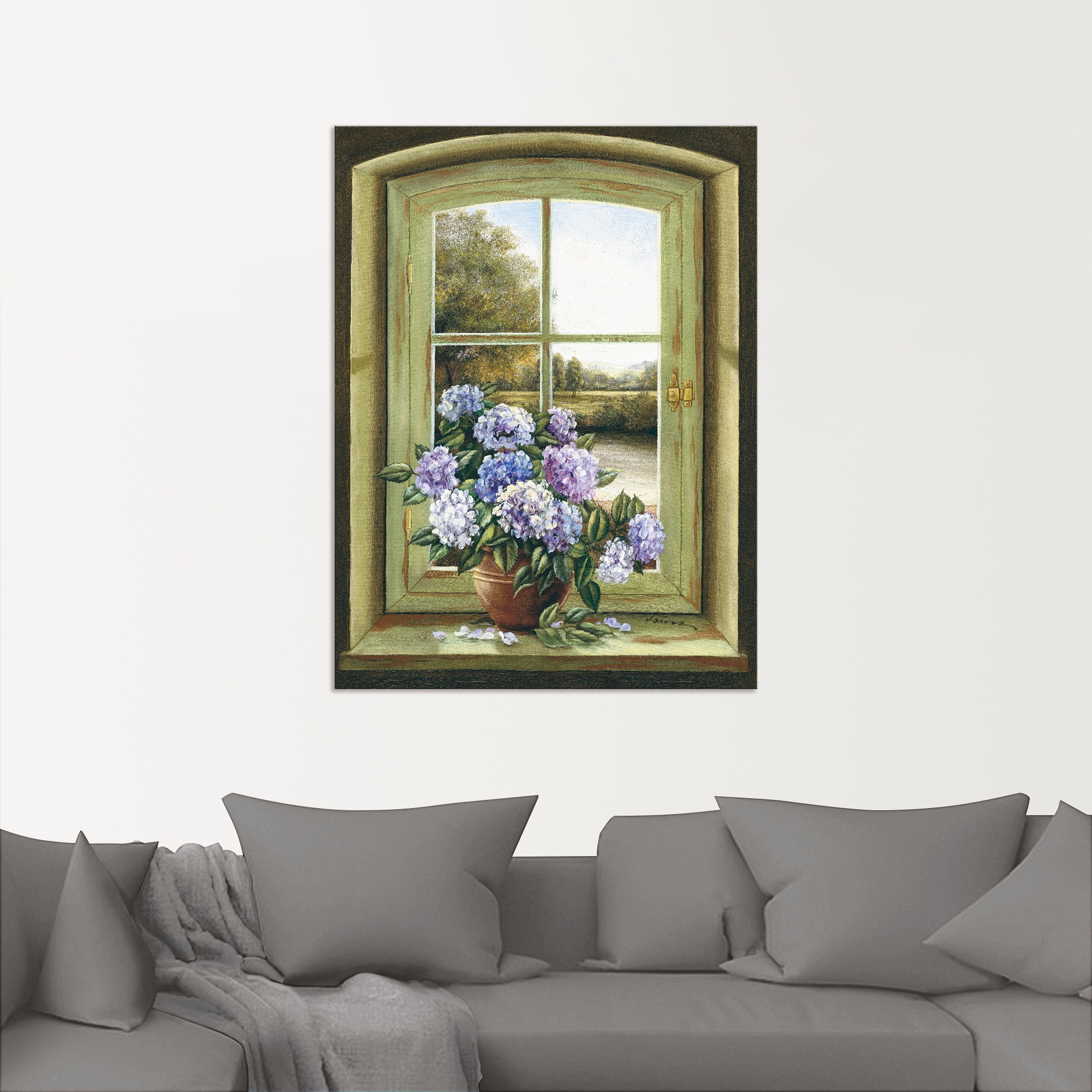 Artland Wandbild »Hortensien am Fenster«, Arrangements, (1 St.), als Alubild, Outdoorbild, Leinwandbild, Poster, Wandaufkleber