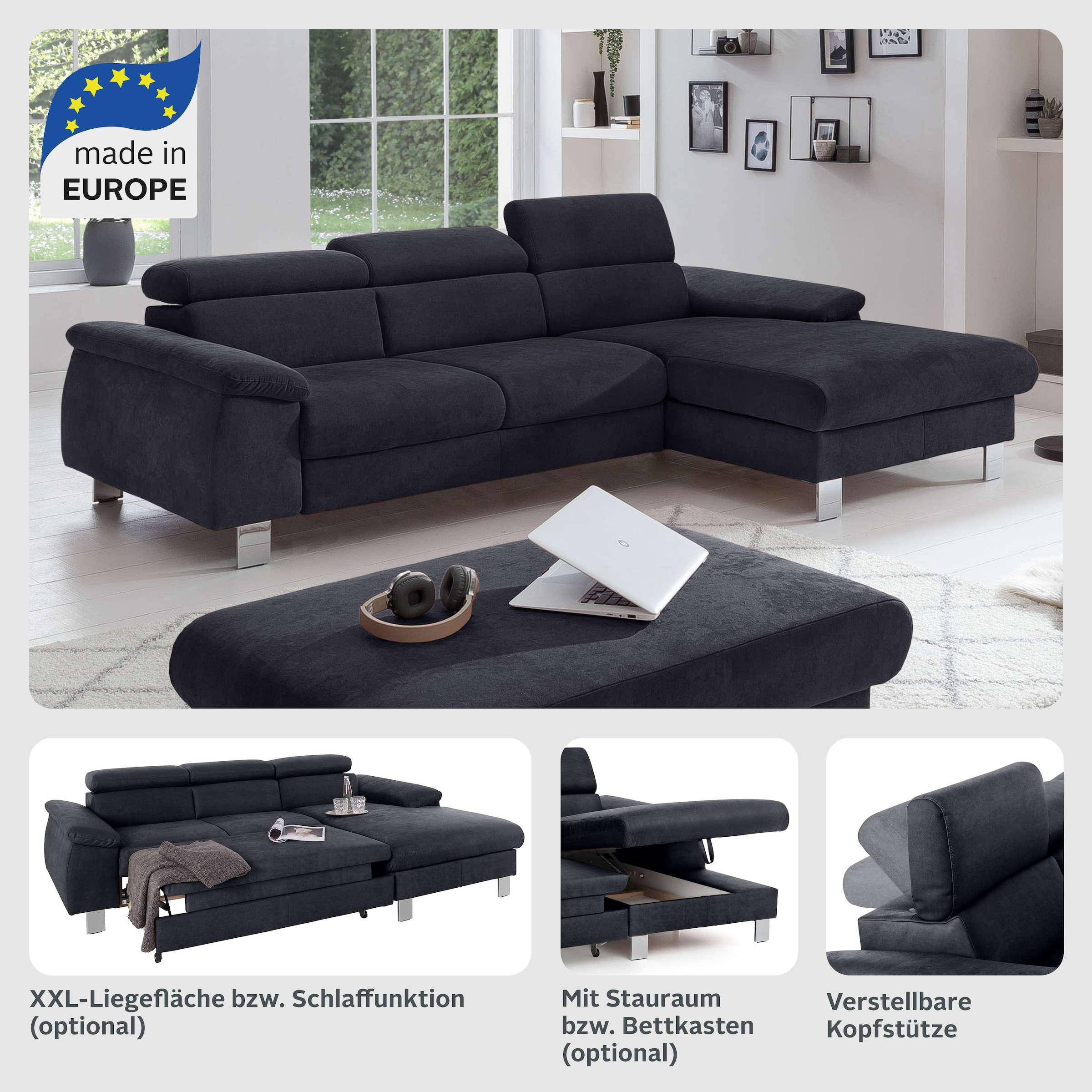 COTTA Ecksofa »Komaris L-Form, B: 244 cm« mit Kopfteilverstellung, optional Schlaffunktion, Bettkasten & Licht