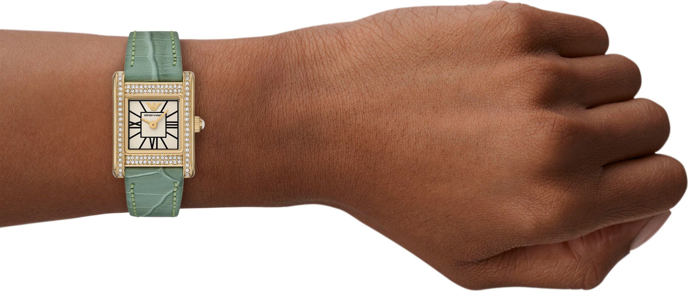 Emporio Armani Quarzuhr, Armbanduhr, Damenuhr, Lederarmband, analog, Glassteine