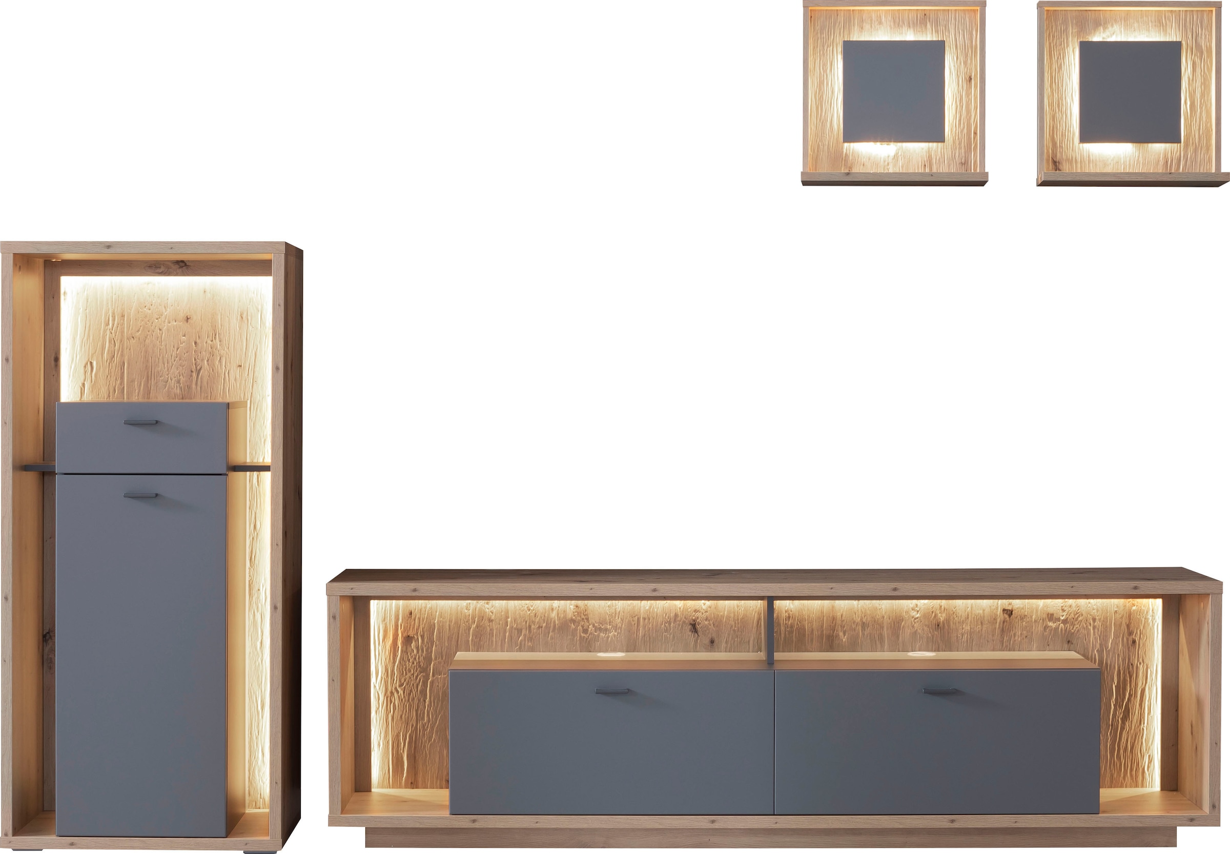 MCA furniture Wohnwand »Lizzano«, (Set, 4 St.), im modernen Landhausstil mit 3-D Rückwand, wahlweise mit Beleuchtung