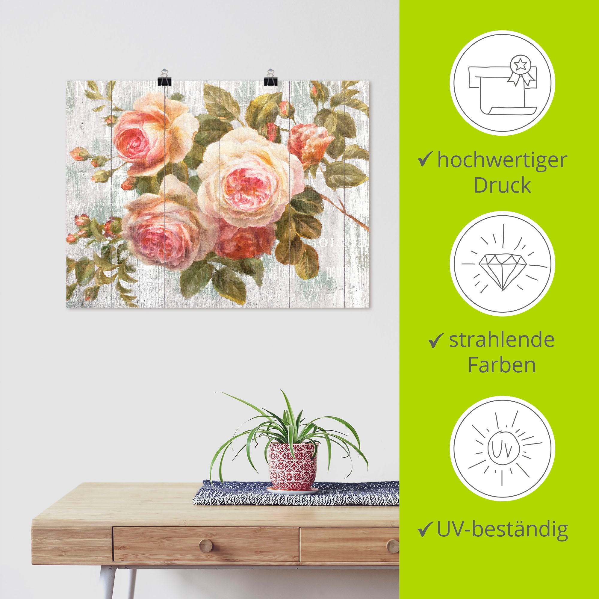 Artland Wandbild »Vintage Rosen auf Holz«, Blumen, (1 St.), als Leinwandbild, Poster, Wandaufkleber in verschied. Größen