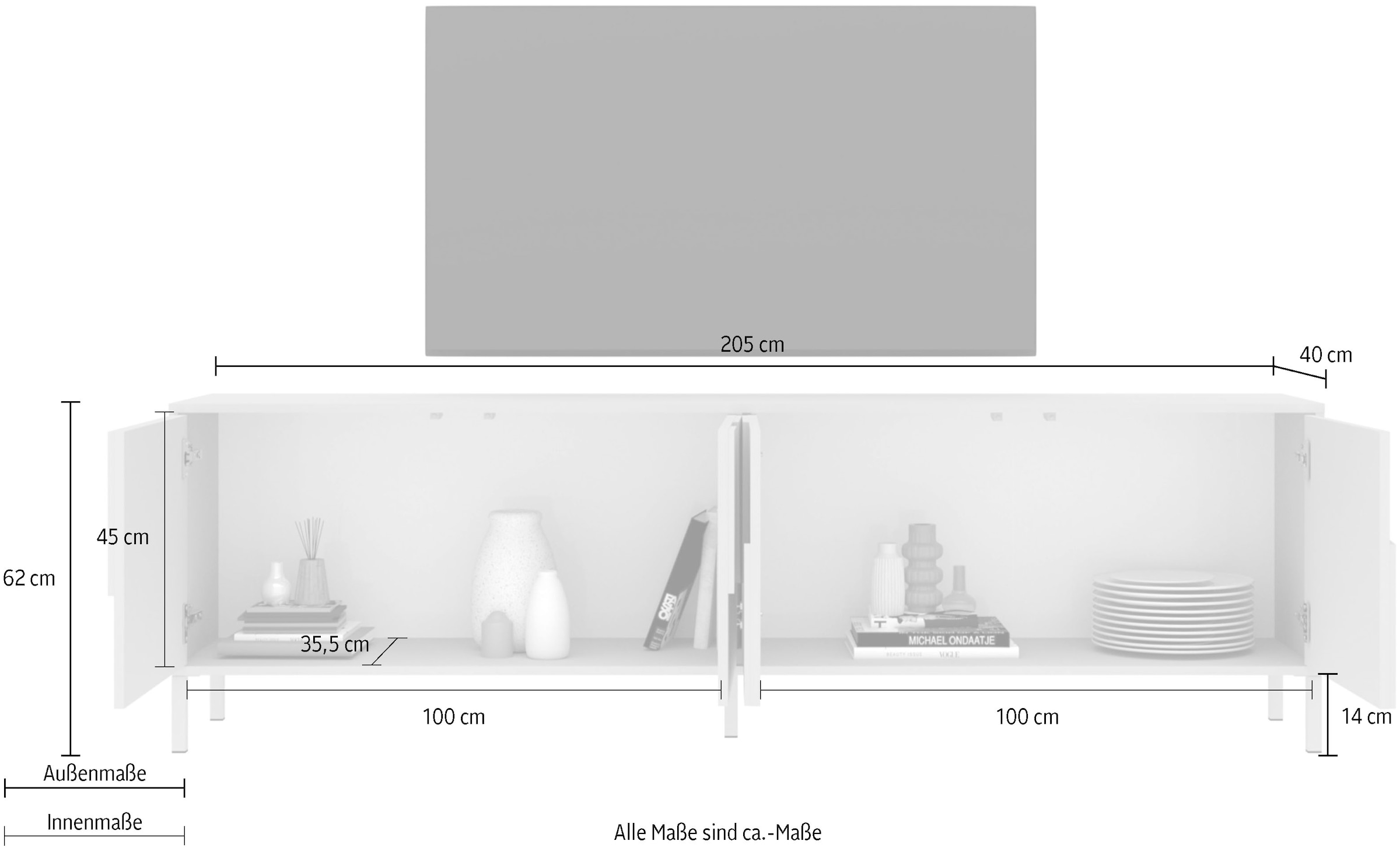 INOSIGN Lowboard »Stone, 205 cm breit, 4 Türen, TV-Schrank, TV-Kommode, Medienboard« 3D-Design, Push-to-open, Innenraum großzügig, Füße 14/2 cm wählbar