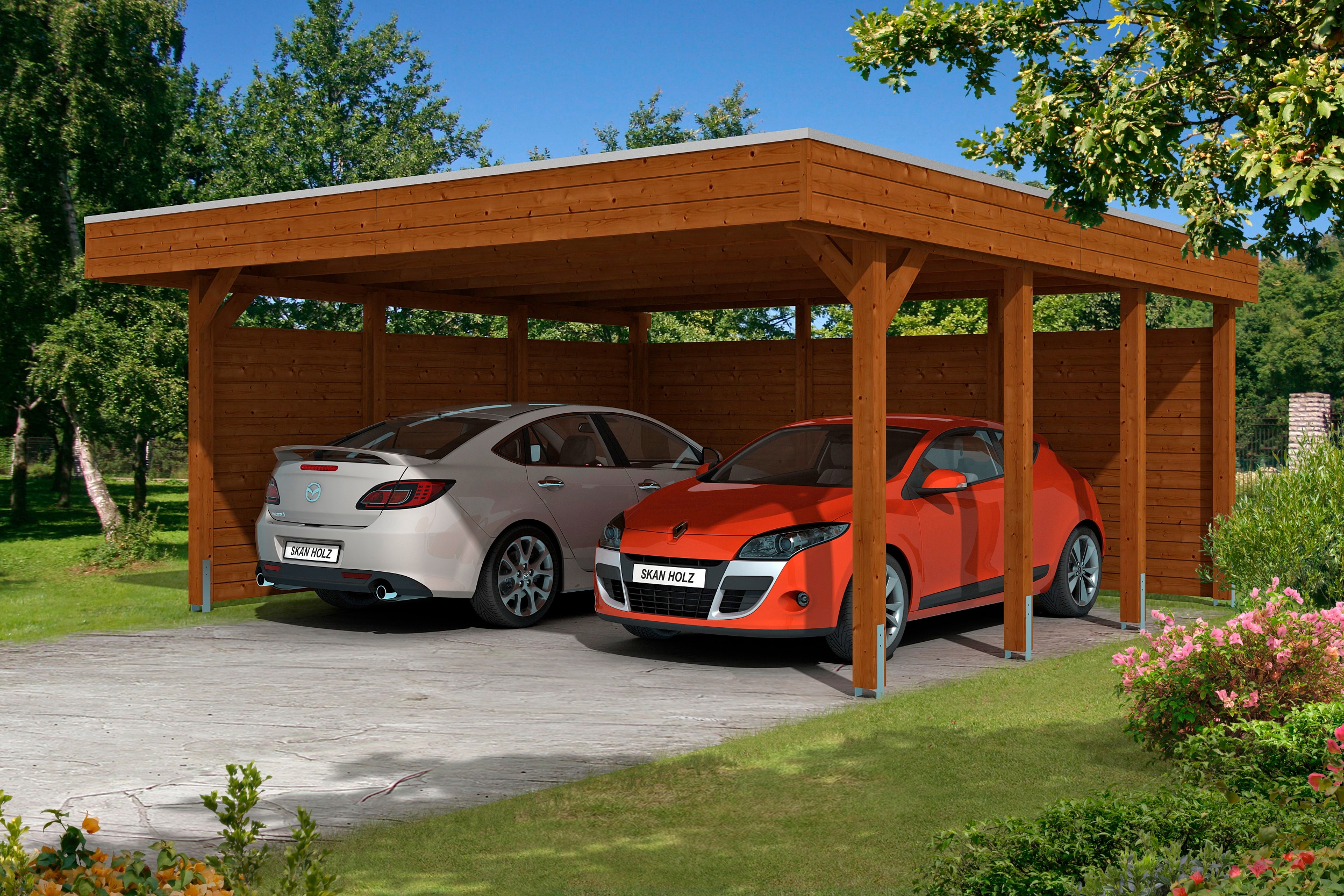 Skanholz Doppelcarport "Friesland 3" Massivholz 514 cm braun mit Seiten- und Rückwänden