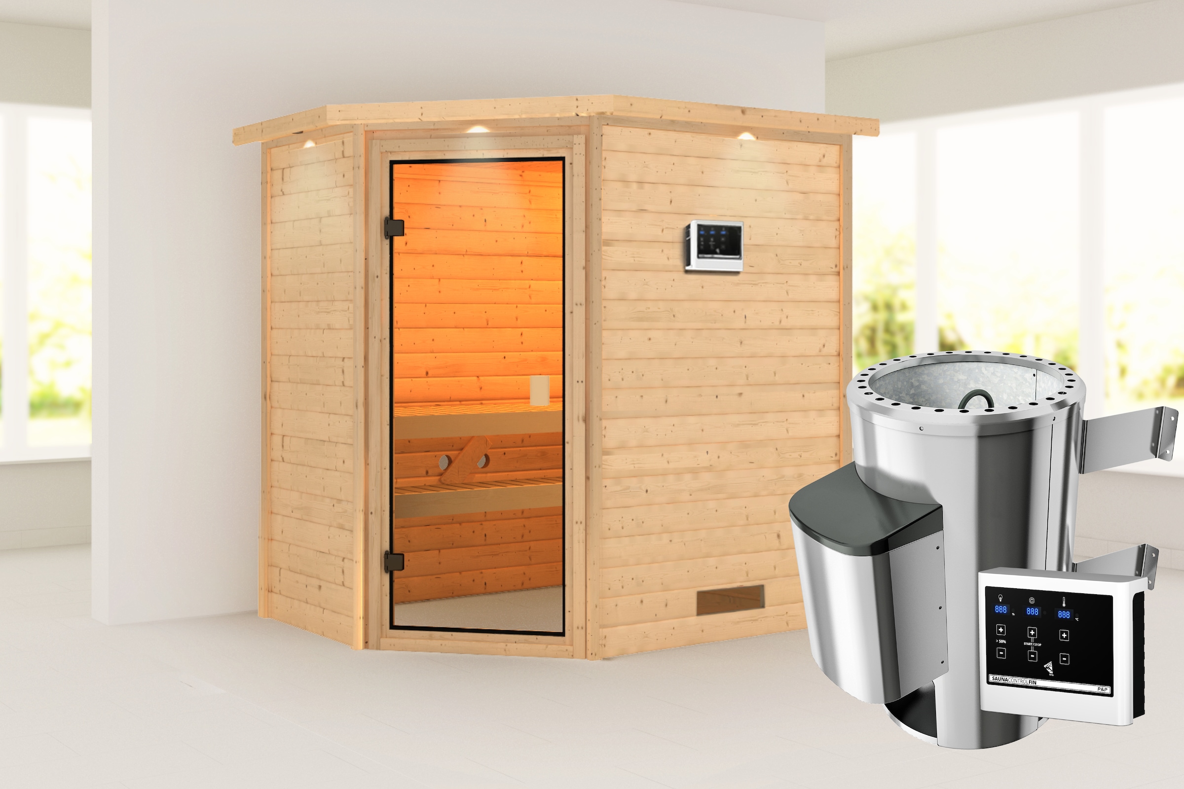 Karibu Sauna ""Juli" mit bronzierter Tür und Kranz, naturbelassen" aus hochwertiger nordischer Fichte