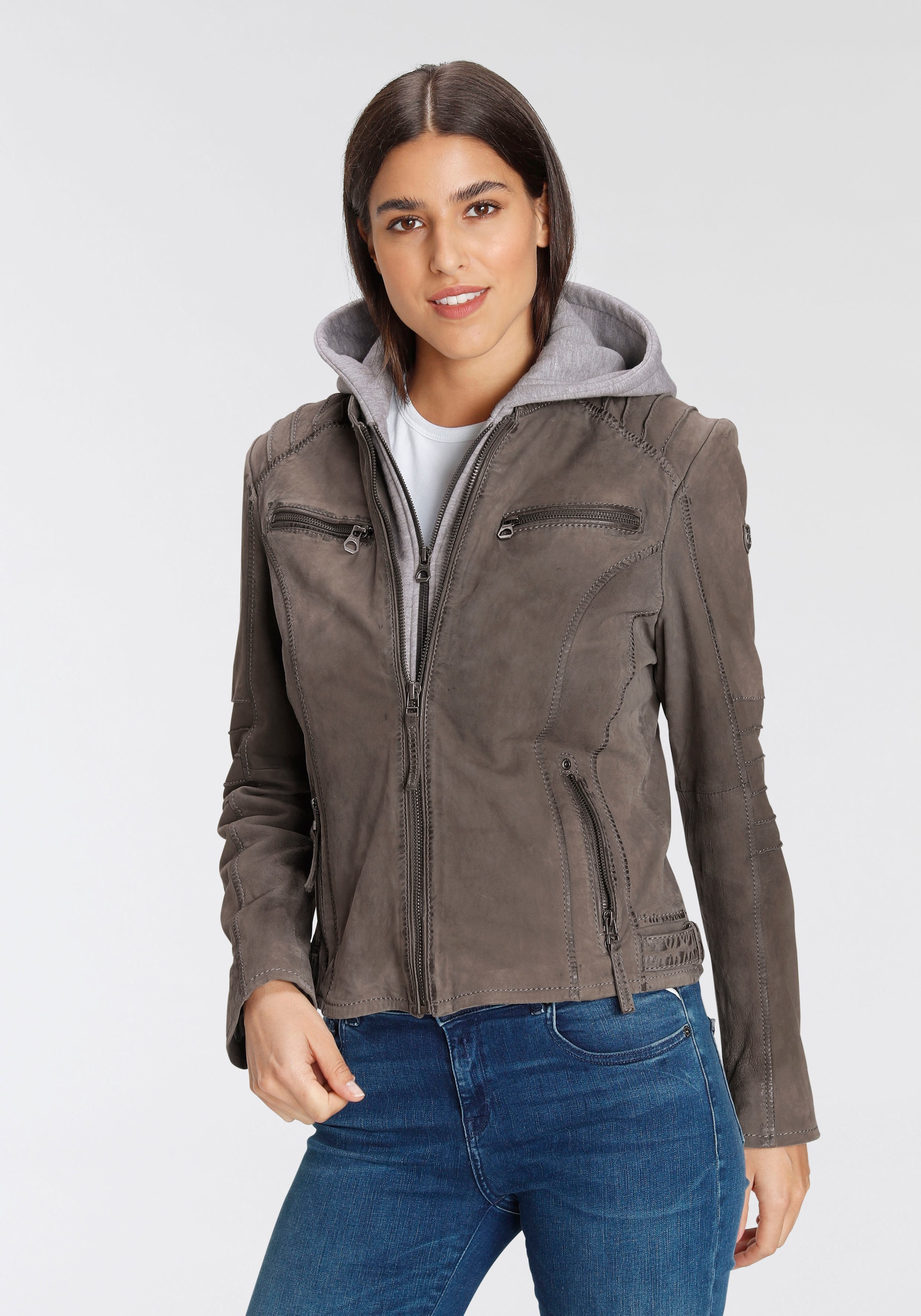 Mauritius Lederjacke "NOLAH", mit Kapuze, Two-in-One Style - mit abnehmbarer Jersey-Kapuze