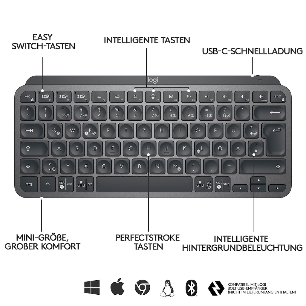 Logitech Wireless-Tastatur »MX Keys Mini Kabellose Tastatur«, (Multimedia-Tasten-Fn-Tasten)