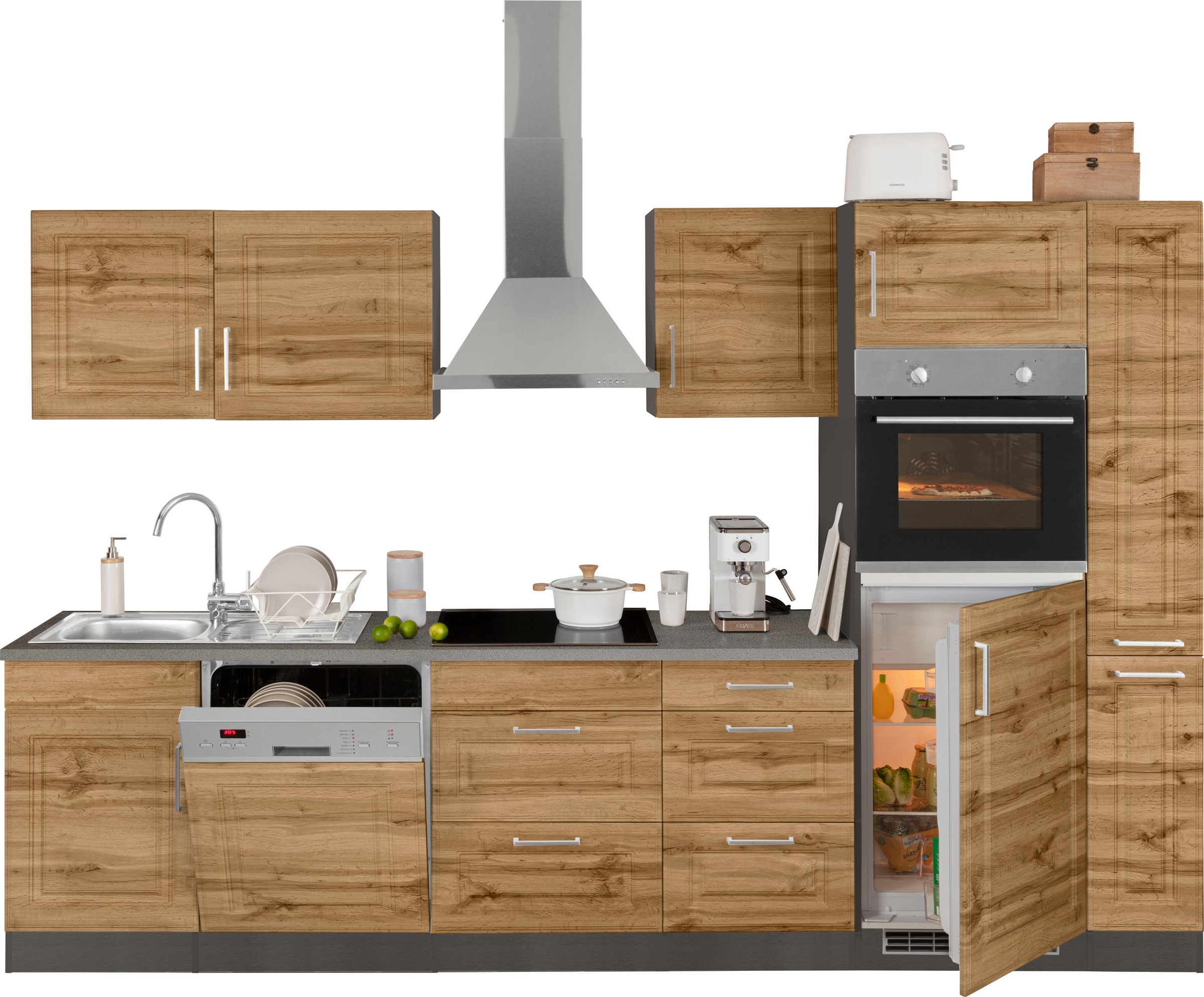 KOCHSTATION Küchenzeile »KS-Stockholm«, Breite 310 cm, mit hochwertigen MDF Fronten im Landhaus-Stil