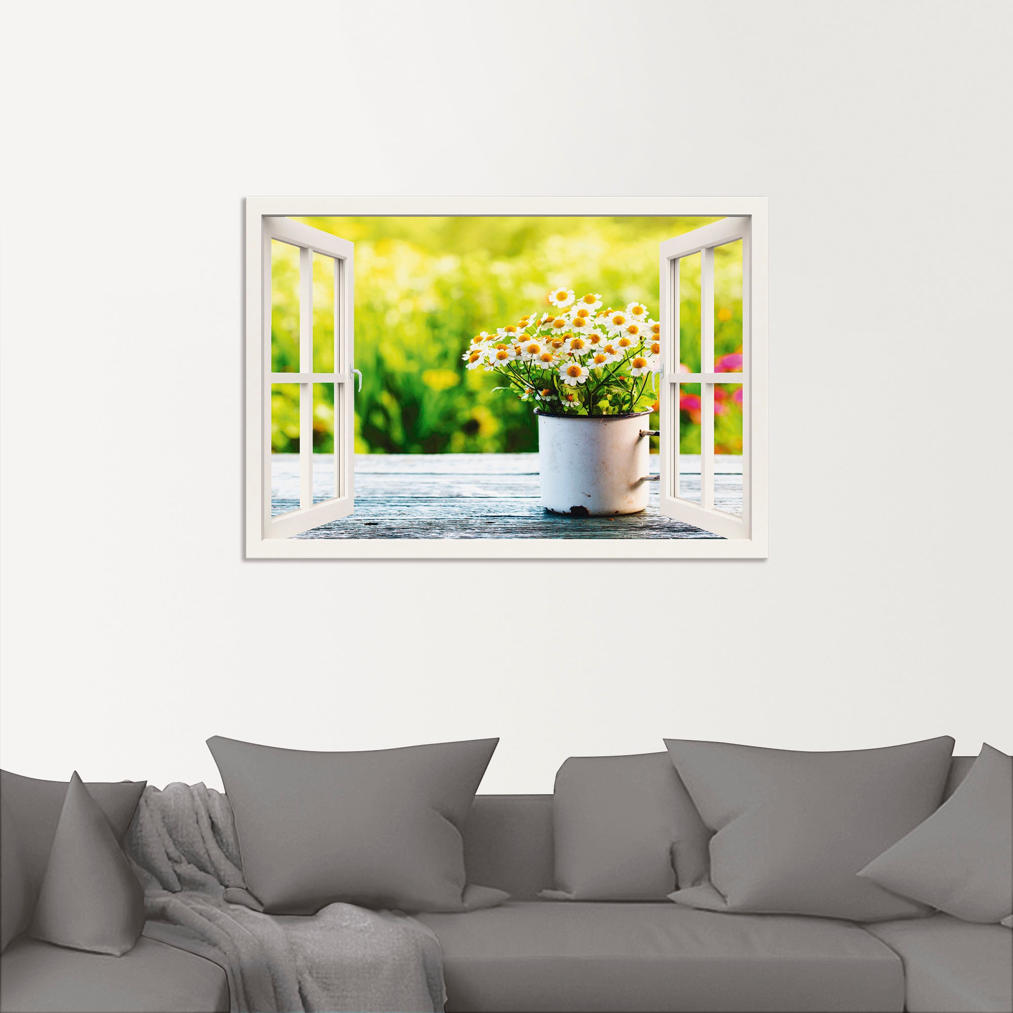 Artland Wandbild »Fensterblick Garten mit Gänseblümchen«, Blumen, (1 St.), als Alubild, Outdoorbild, Leinwandbild, Wandaufkleber, versch. Größen