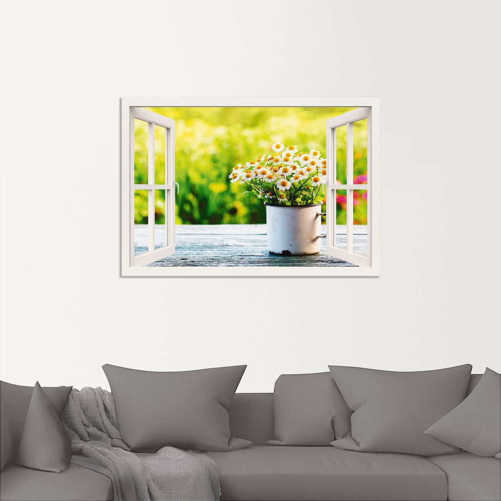 Artland Wandbild »Fensterblick Garten mit Gänseblümchen«, Blumen, (1 St.)