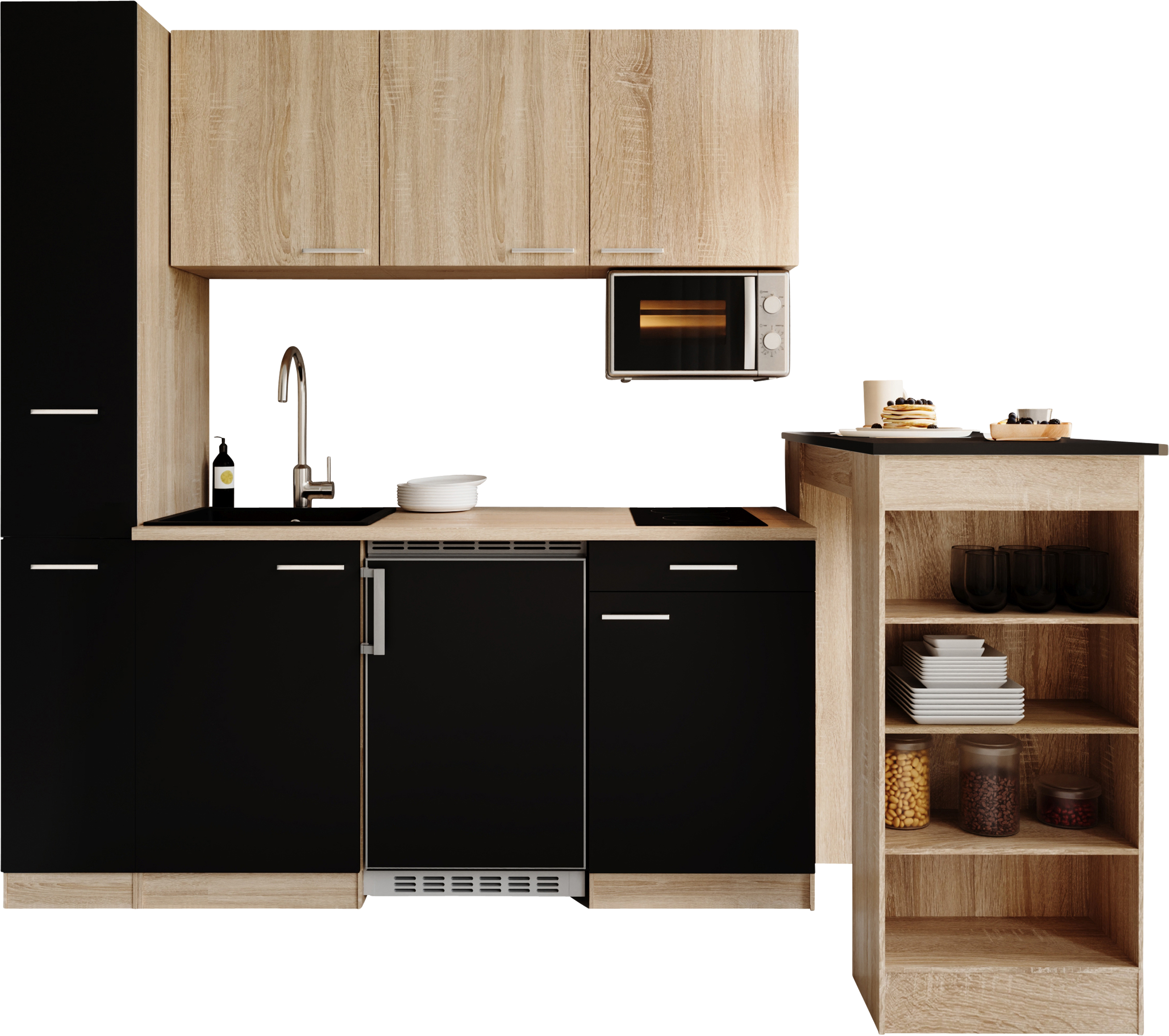 RESPEKTA Küchenzeile "Ingrid, inkl. Tresentisch und Mikrowelle" zerlegt, wahlweise mit Kühlschrank, Soft-Close-Funktion, Breite 180 cm