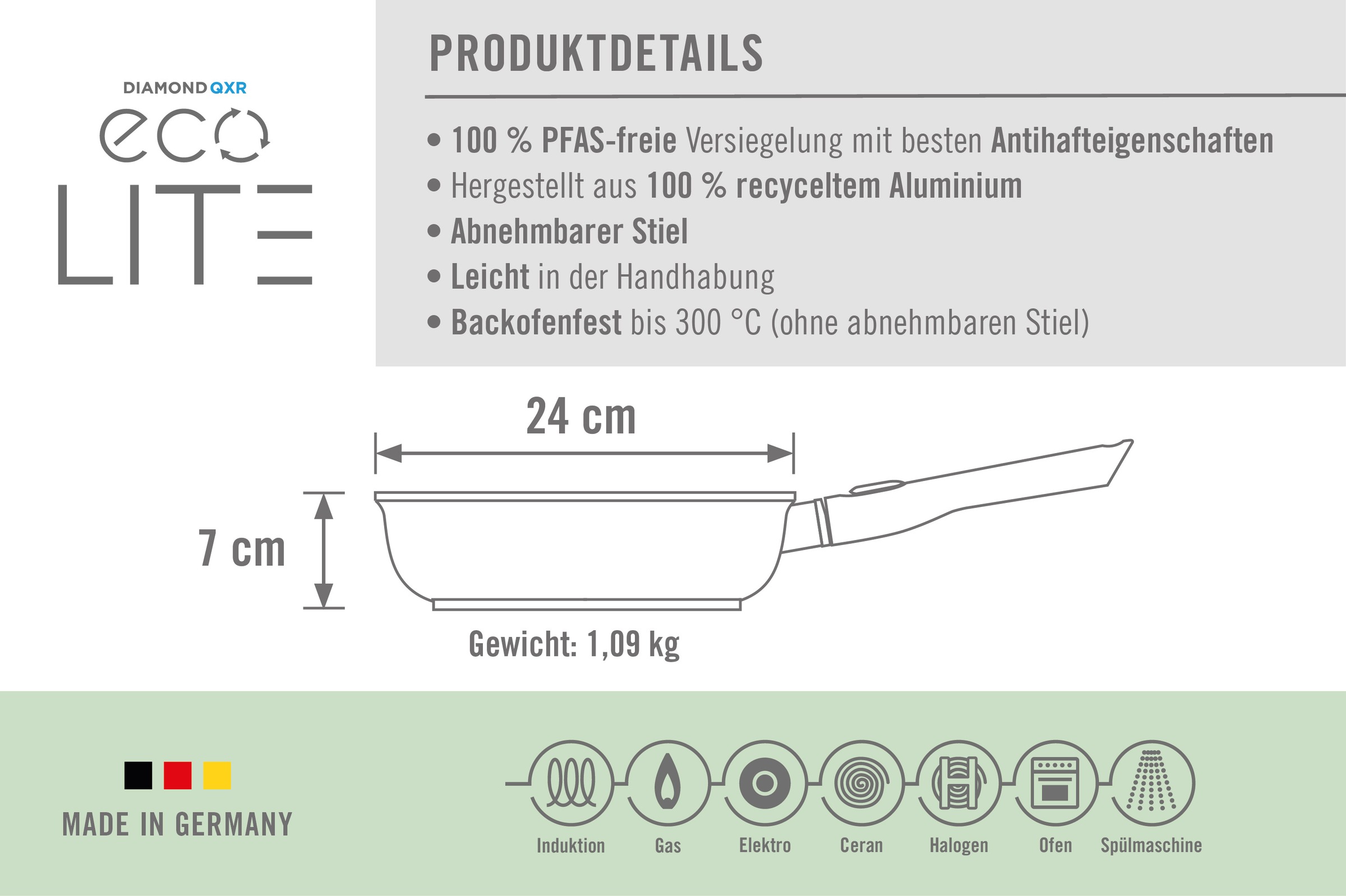 WOLL Bratpfanne »MADE IN GERMANY D-Lite Hochrandpfanne Ø24-28cm, Aluminium« Aluminiumguss Set, 3 tlg. Abnehmbarer Stiel, Ofenfest o. Stiel, Spülmaschinengeeignet, Antihaft