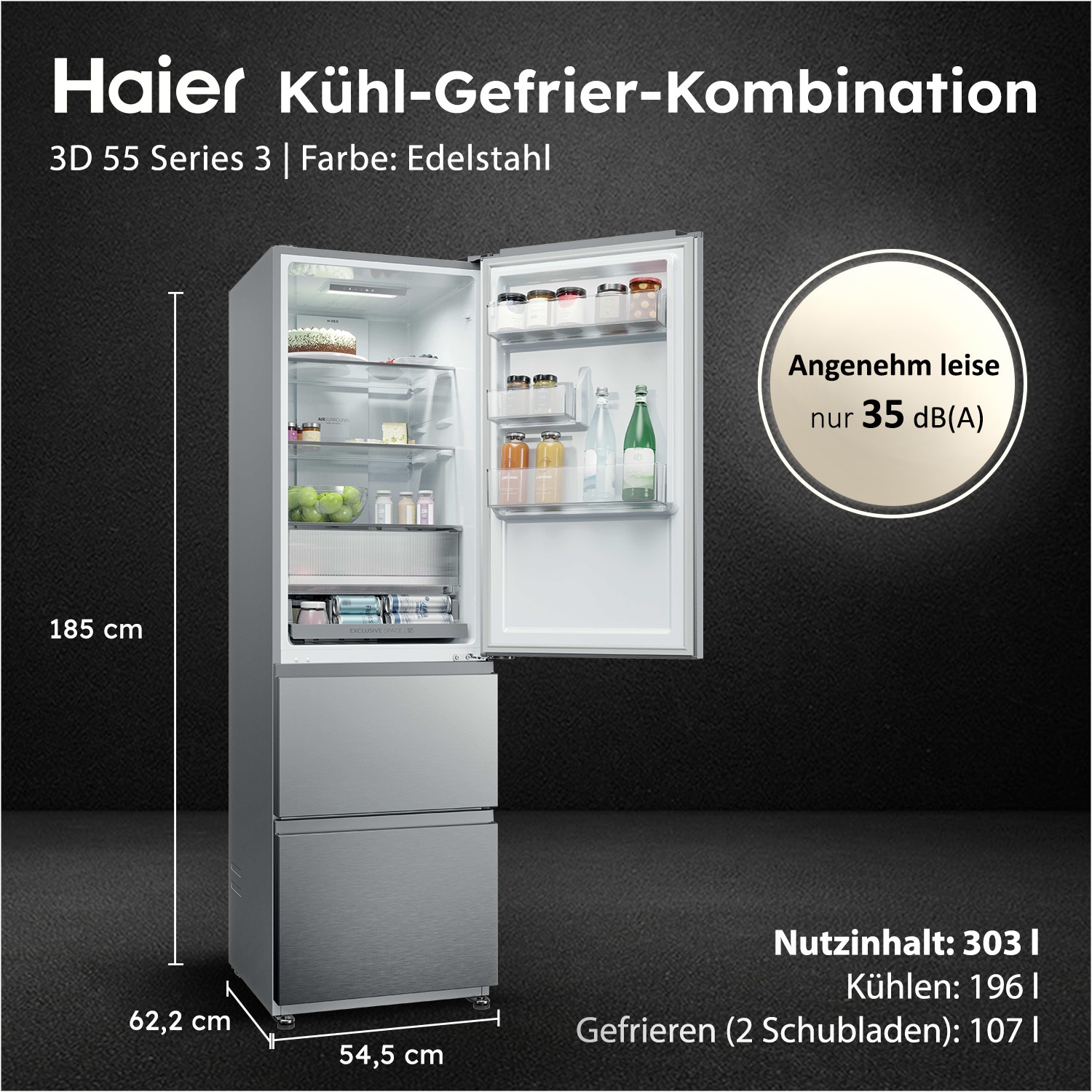 Haier Kühl-/Gefrierkombination Combi 3D 55 »HTR3518ENMX« 185 cm hoch 54,5 cm breit Easy Access-Gefrierschubladen: Alles schnell gefunden