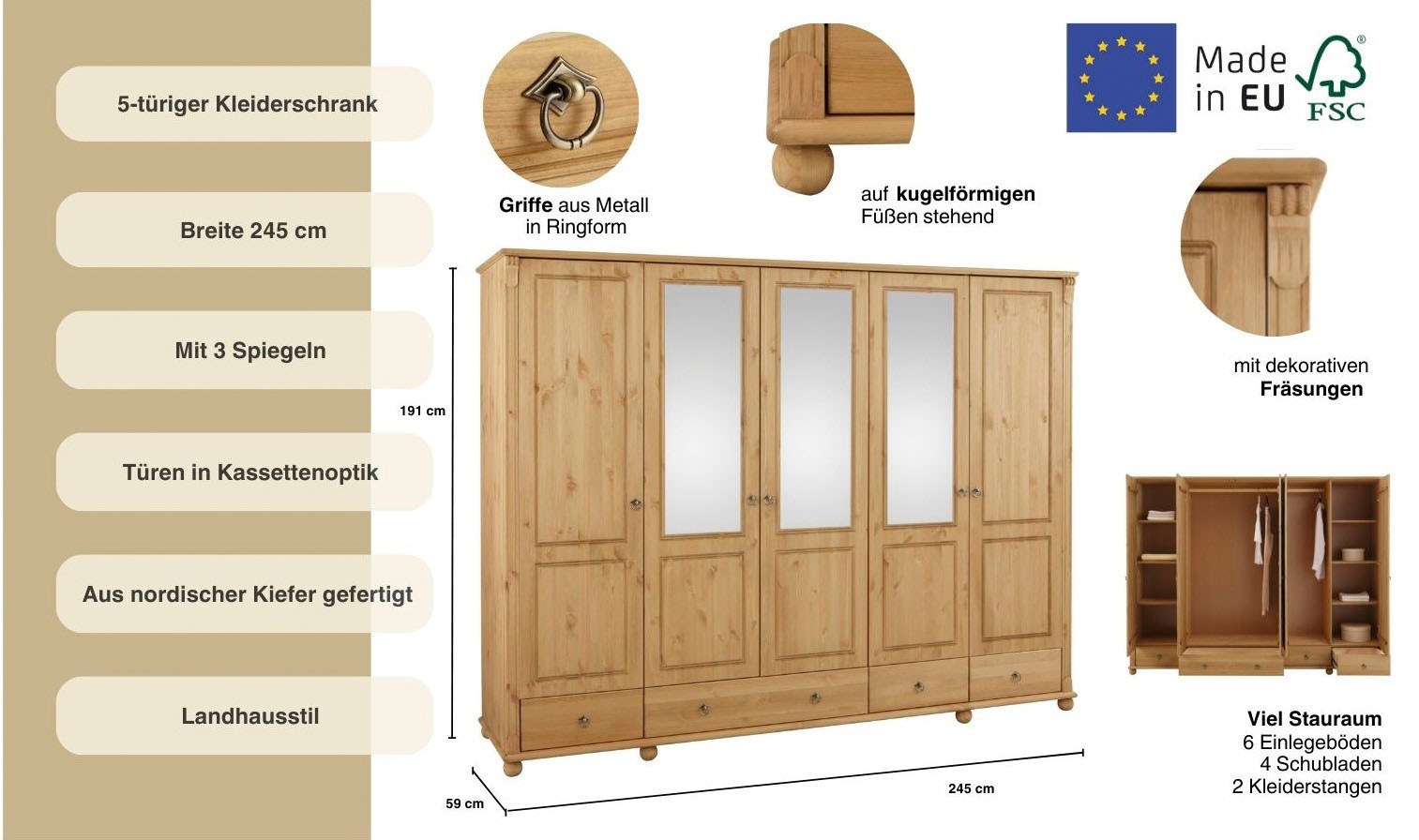 Thumbnail - Home affaire Kleiderschrank "Tessin", (B/H/T ca. 245/191/59 cm), Breite 245 cm, Kiefer massiv, mit Spiegel