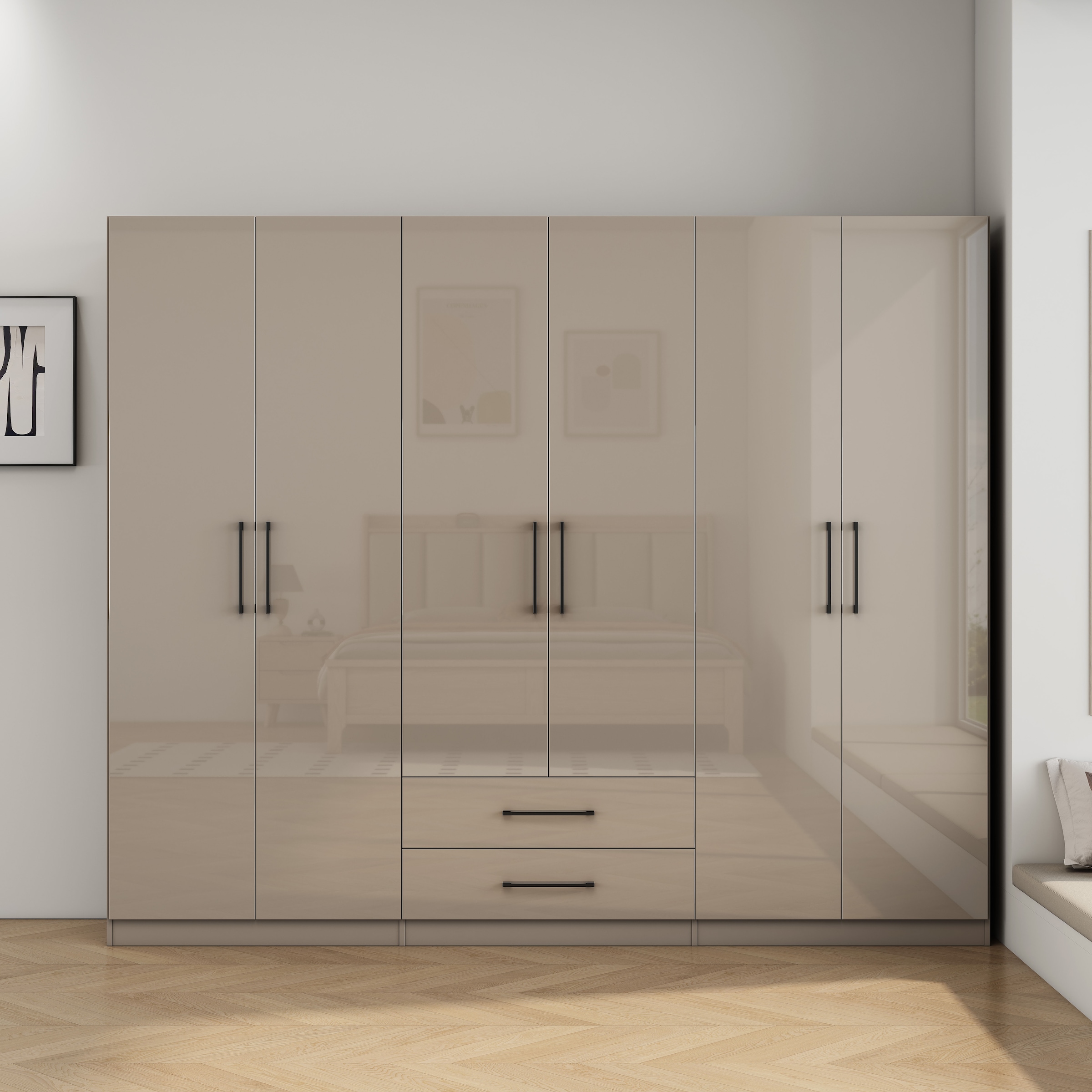OTTO home Kleiderschrank "Sylt Schlafzimmerschrank Garderobe Schrank in hochglanz mit 6 Türen" Drehtürenschrank mit perfekter Innenausstattung