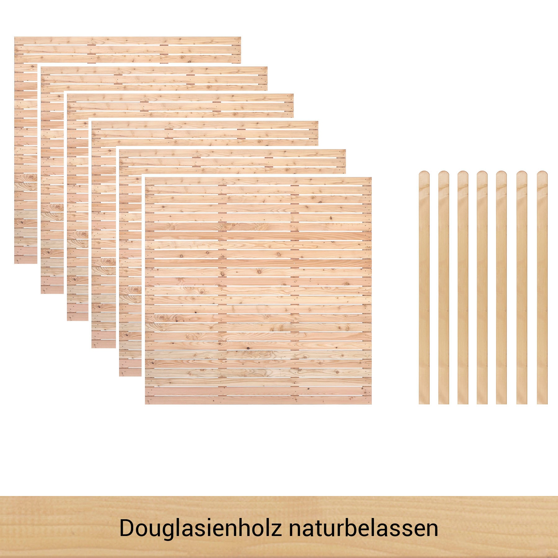 BM Massivholz Zaun »Kurt Set 6«, 6 Zaunelemente 180 x 180cm, 7 Pfosten, Kopf gerundet, Länge 190cm