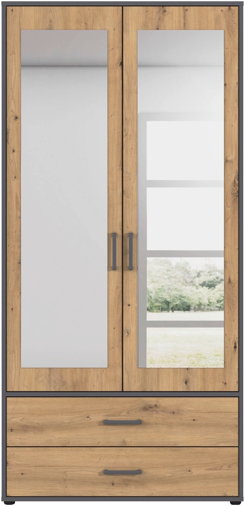 rauch Drehtürenschrank »Kleiderschrank Schrank Garderobe Wäscheschrank VOYAGER« in 3 verschiedenen Ausstattungen BASIC/CLASSIC/PREMIUM,  mit modernen Griffen in Graumetallic, inkl. Schubkästen und Spiegel