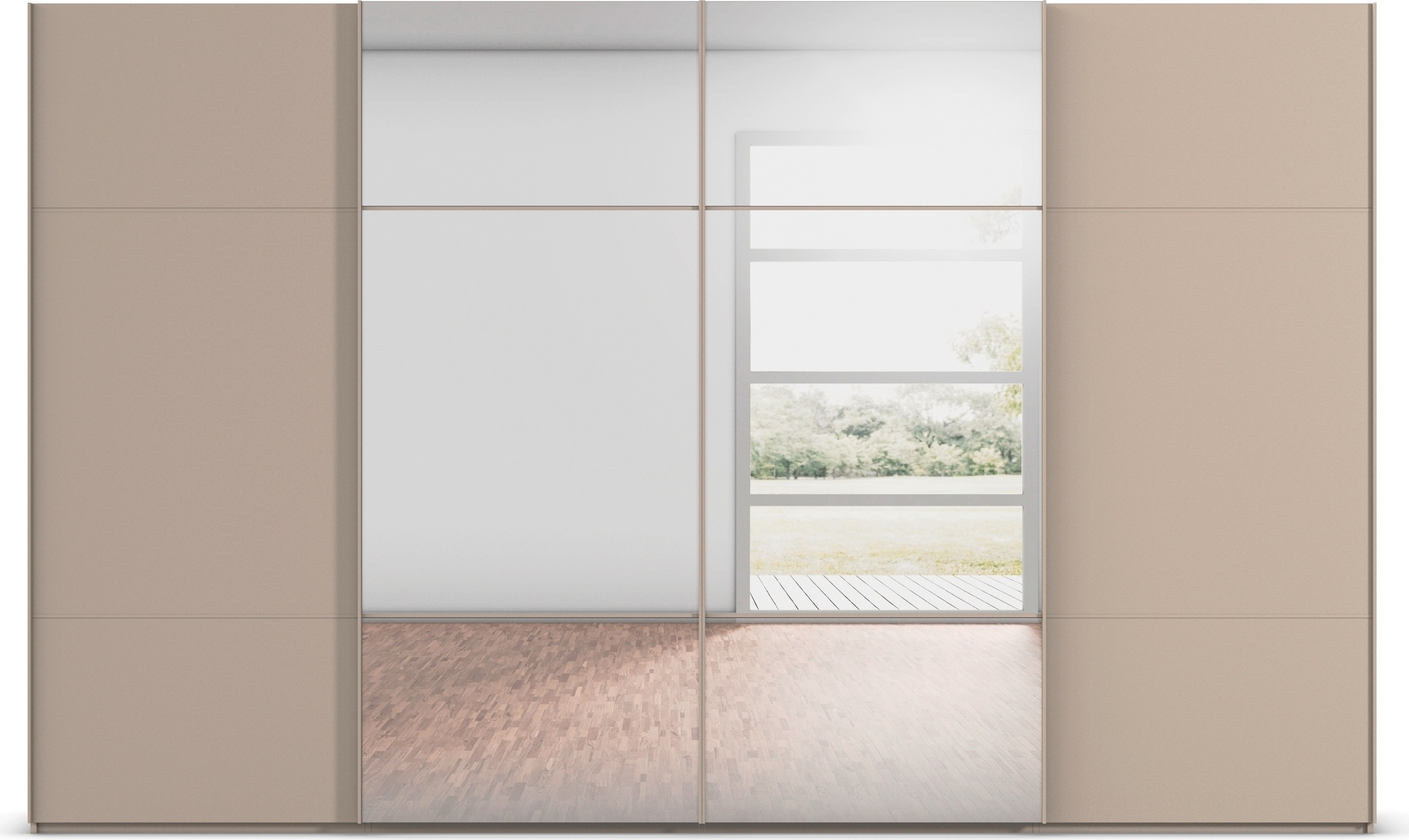 rauch Schwebetürenschrank »Kleiderschrank Schrank Garderobe Schlafzimmerschrank SCALE-TRIO«, edle dreigeteilte Front mit 2 Zierleisten und Spiegel MADE IN GERMANY