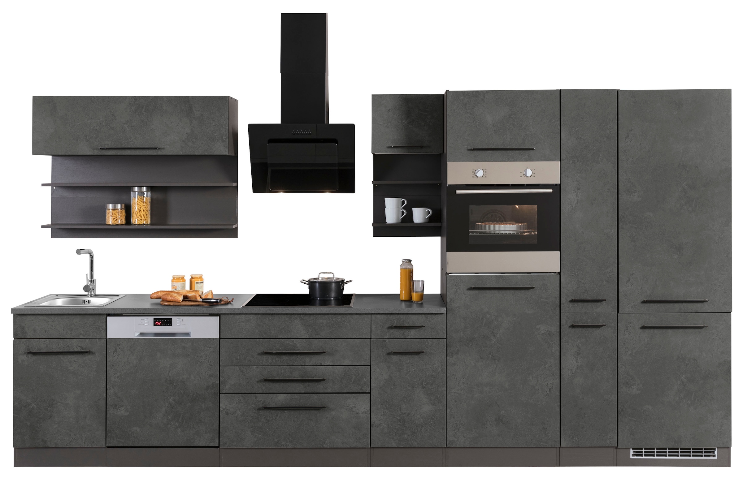 KOCHSTATION Küchenzeile »KS-Tulsa«, ohne E-Geräte, Breite 380 cm, schwarze Metallgriffe, MDF Fronten