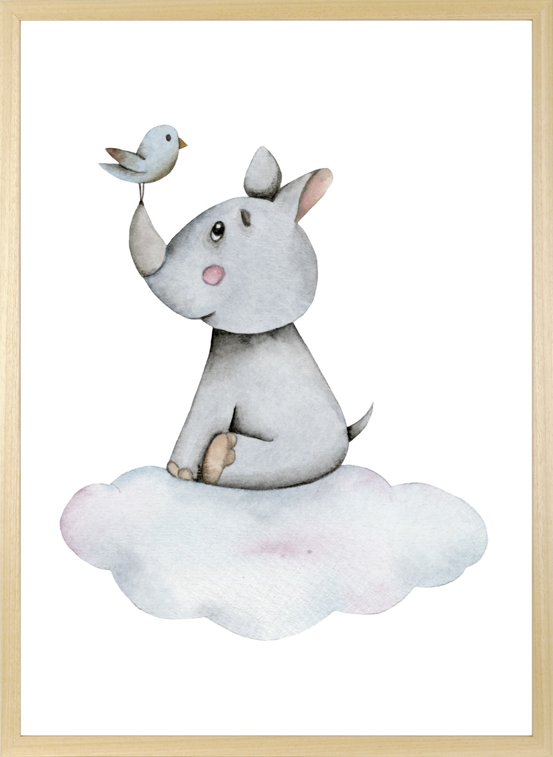 queence Bild mit Rahmen »Nashorn mit Vogel auf Wolke«, Fantasy-Himmel-Himmelsbilder-Nashorn-Tiere-Vögel-Vogelbilder-Wolken, (1 St.), HD Premium Posterdruck mit Echtholzrahmen