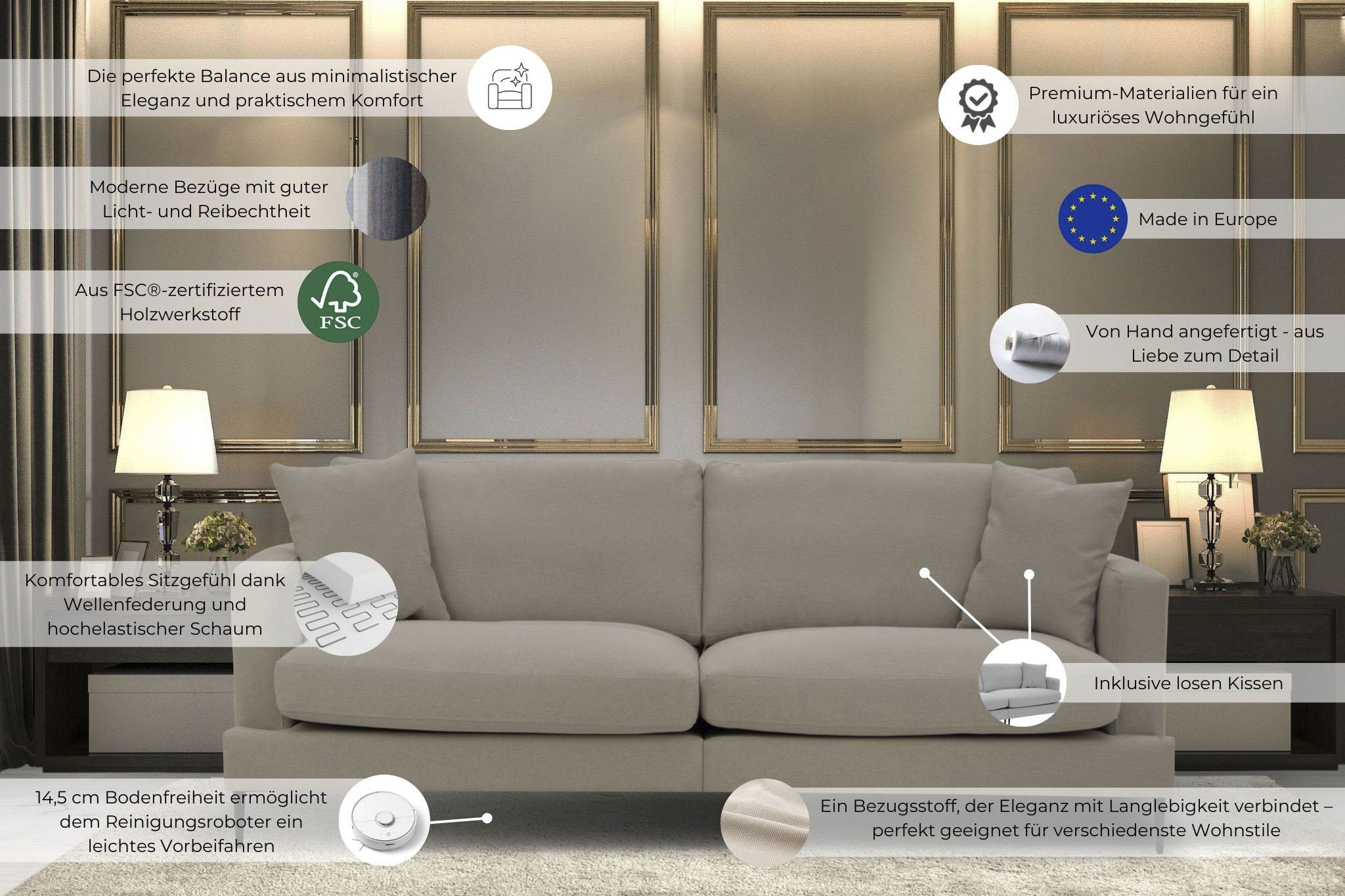 Thumbnail - Leonique 3-Sitzer "Cozy elegantes Designsofa, Maße B/T/H: 211/97/80 cm", mit losen Kissen und Metallbeinen
