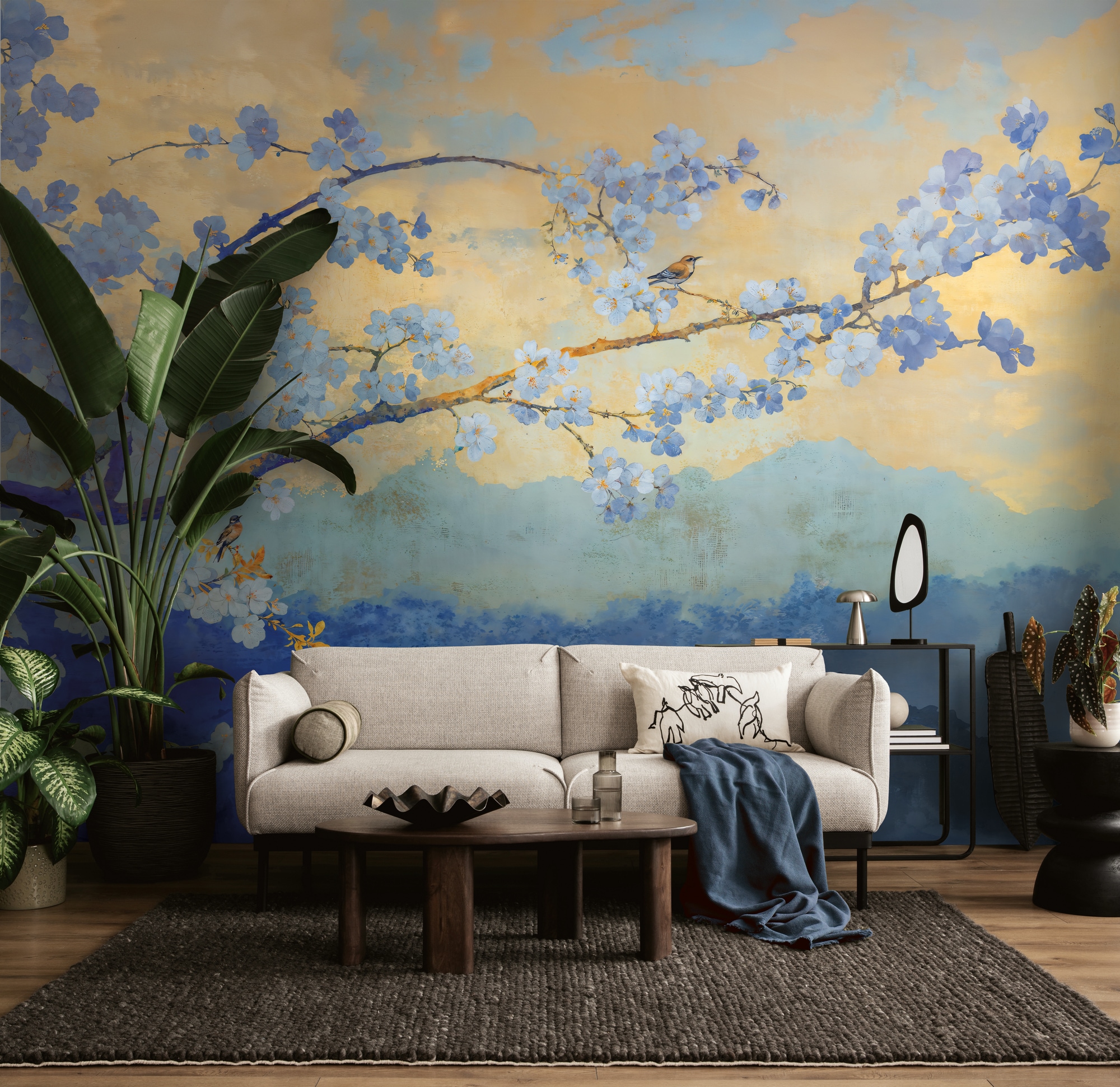 living walls Fototapete »The Wall 4 Flowers – Blühende Äste vor Bergkulisse Vlies-Fototapete« botanisch | floral | matt leicht strukturiert Blühende Äste vor Bergkulisse mit dekorativer Tiefenwirkung