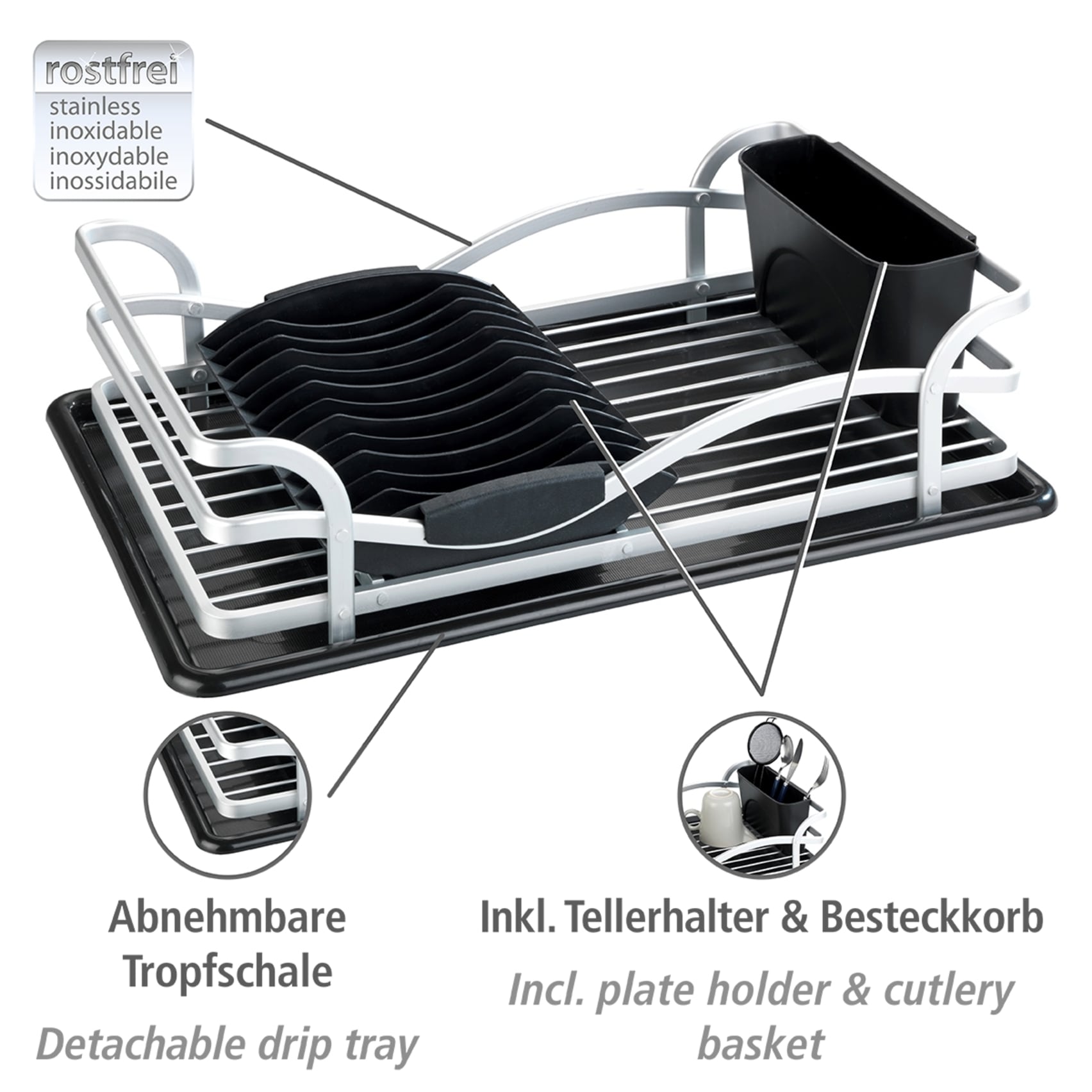WENKO Geschirrständer »Modell Alu«, Geschirrabtropfer aus Aluminium & Kunststoff, abnehmbarer Besteckkorb