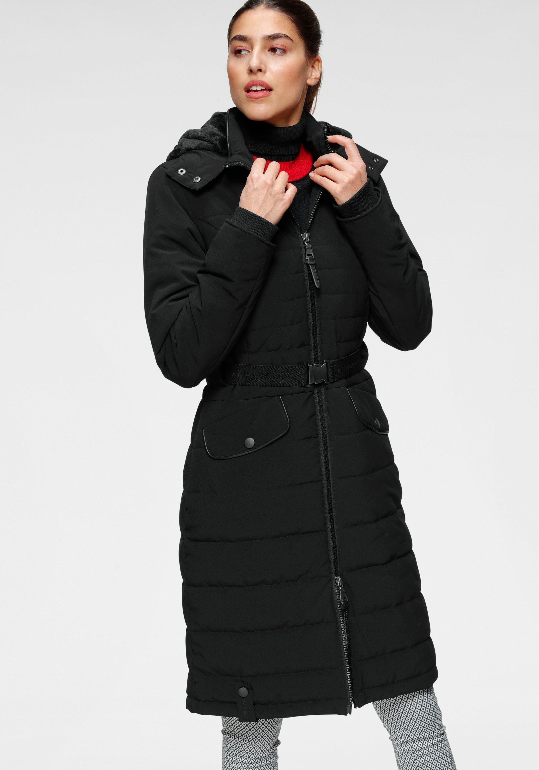 Gürtel ALPENBLITZ long«, & mit »Oslo kaufen BAUR auf abnehmbarer Mantel Steppmantel dem | Kuschel-Kapuze für Markenprägung