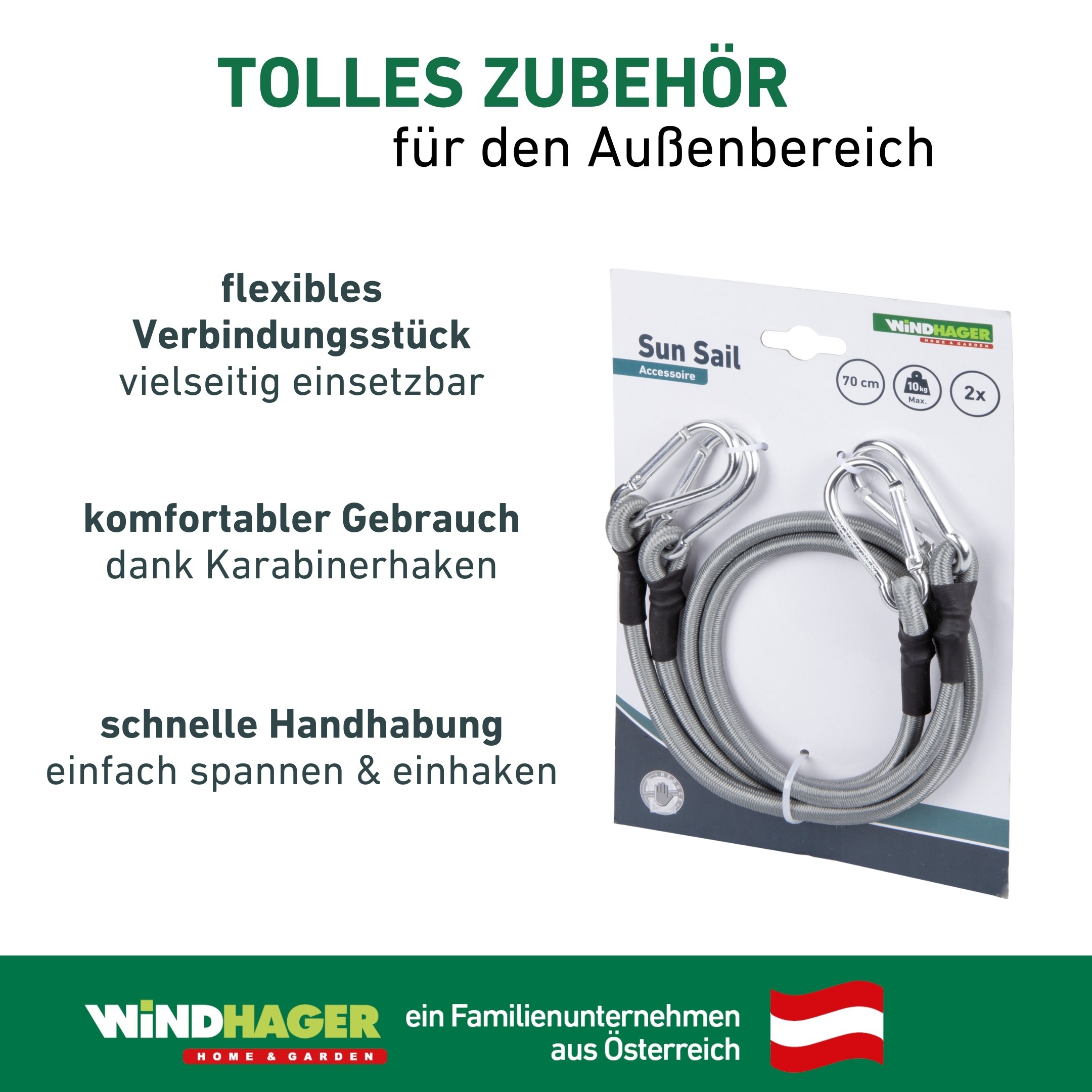 Windhager Seilhaken »Expanderseil inkl. Karabinerhaken, 2 Stk., elastisches Spannseil« zum Auf- und Abspannen von Sonnensegel, Gepäckspanner 70 cm
