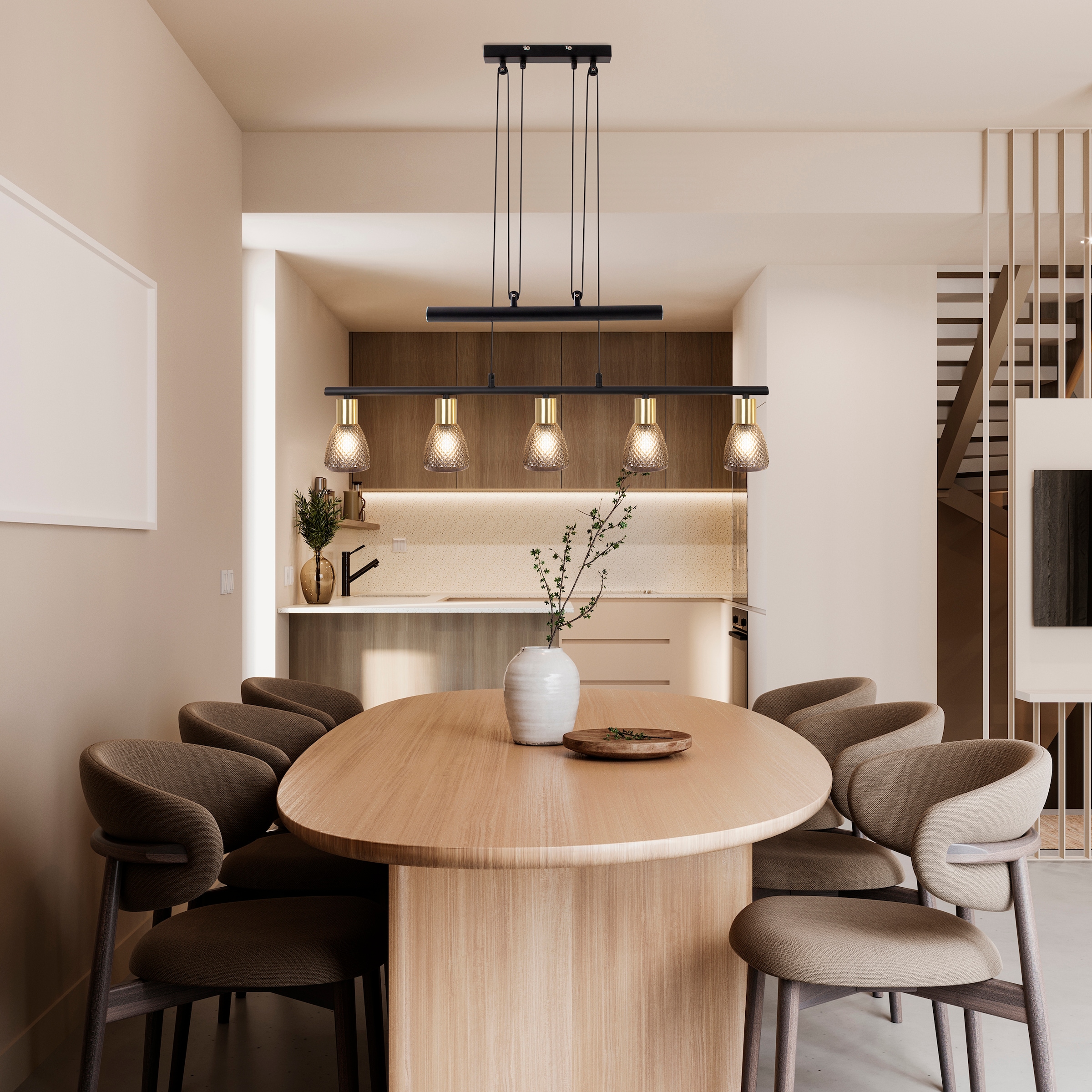 näve Pendelleuchte »Lindita« E14 1 Stk. 5er Spot Gegenzug, Relief-Glasschirm smokey, Gestell messing matt, E14